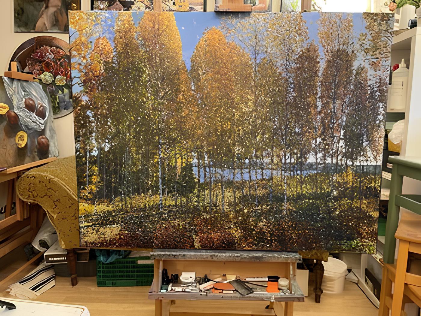 Shimmering Autumn - Gray Landscape Painting by Nadezda Stupina