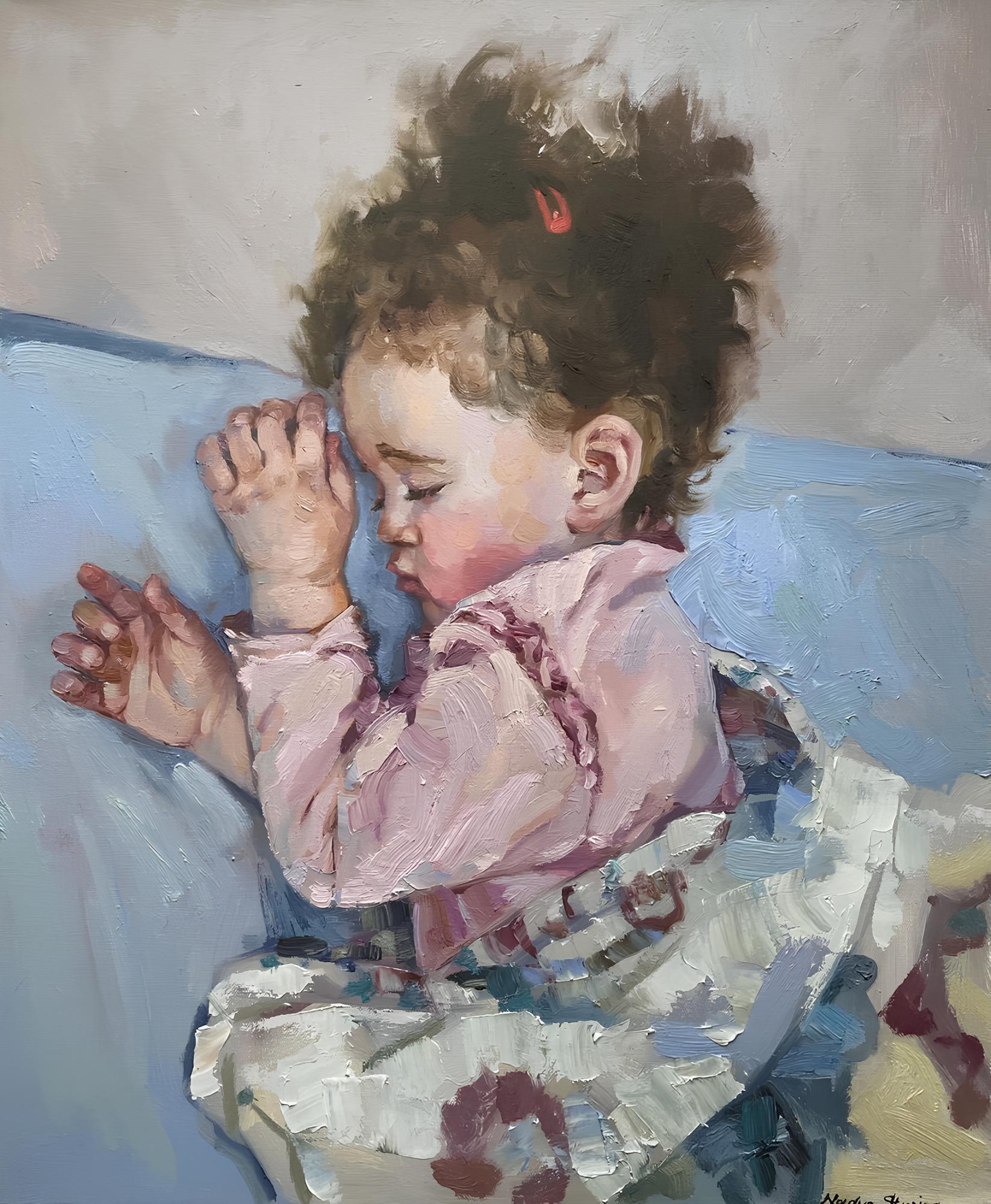 „Sleeping girl“ Original impressionistisches Porträt.  Vertikales Ölgemälde