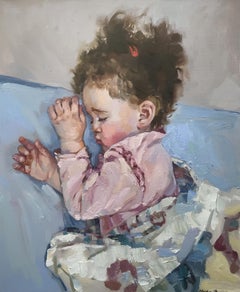 "Fille endormie" Portrait impressionniste original.  Peinture à l'huile verticale