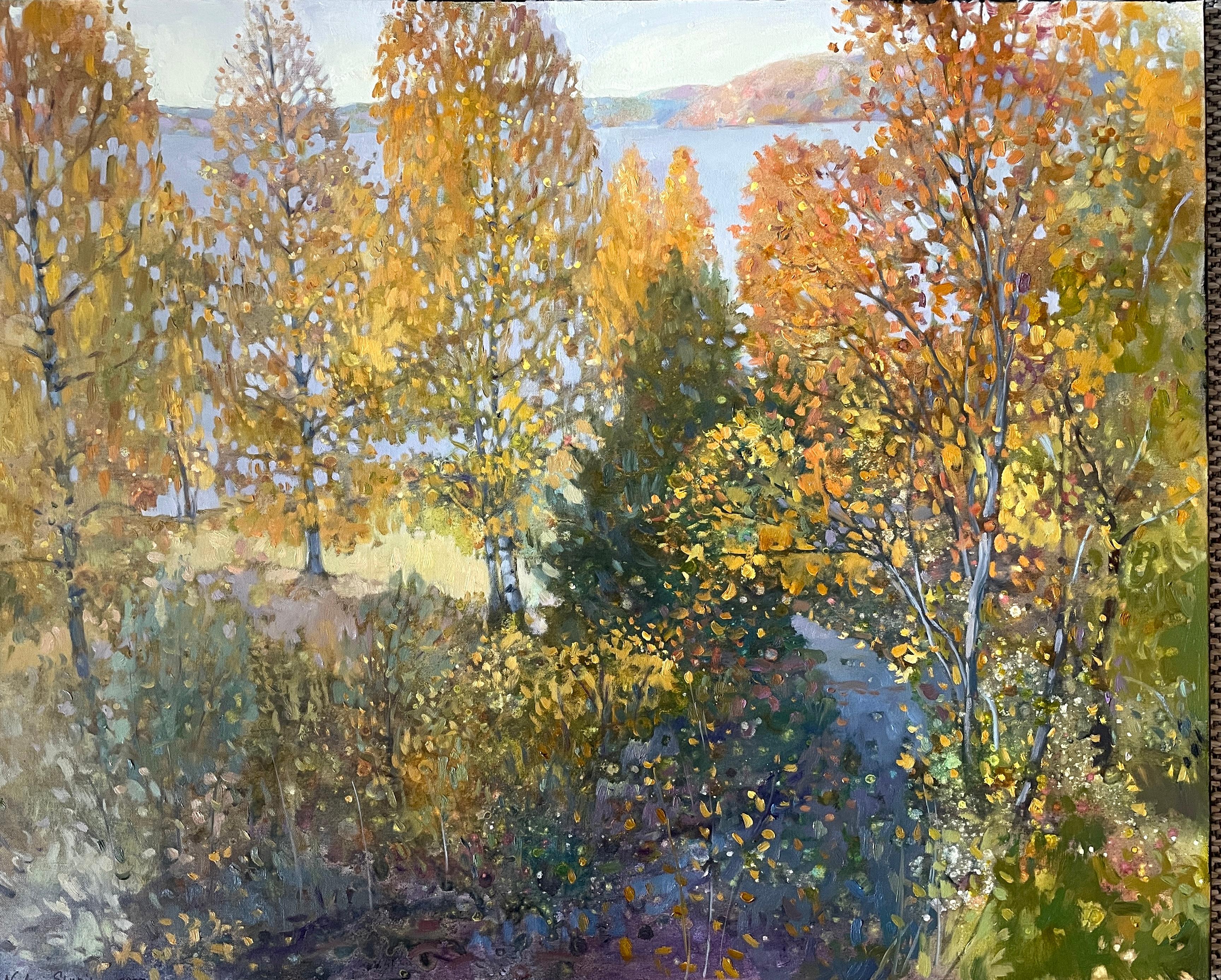 Landscape Painting Nadezda Stupina - "Doux automne près du fjord Peinture impressionniste originale de paysage. Large