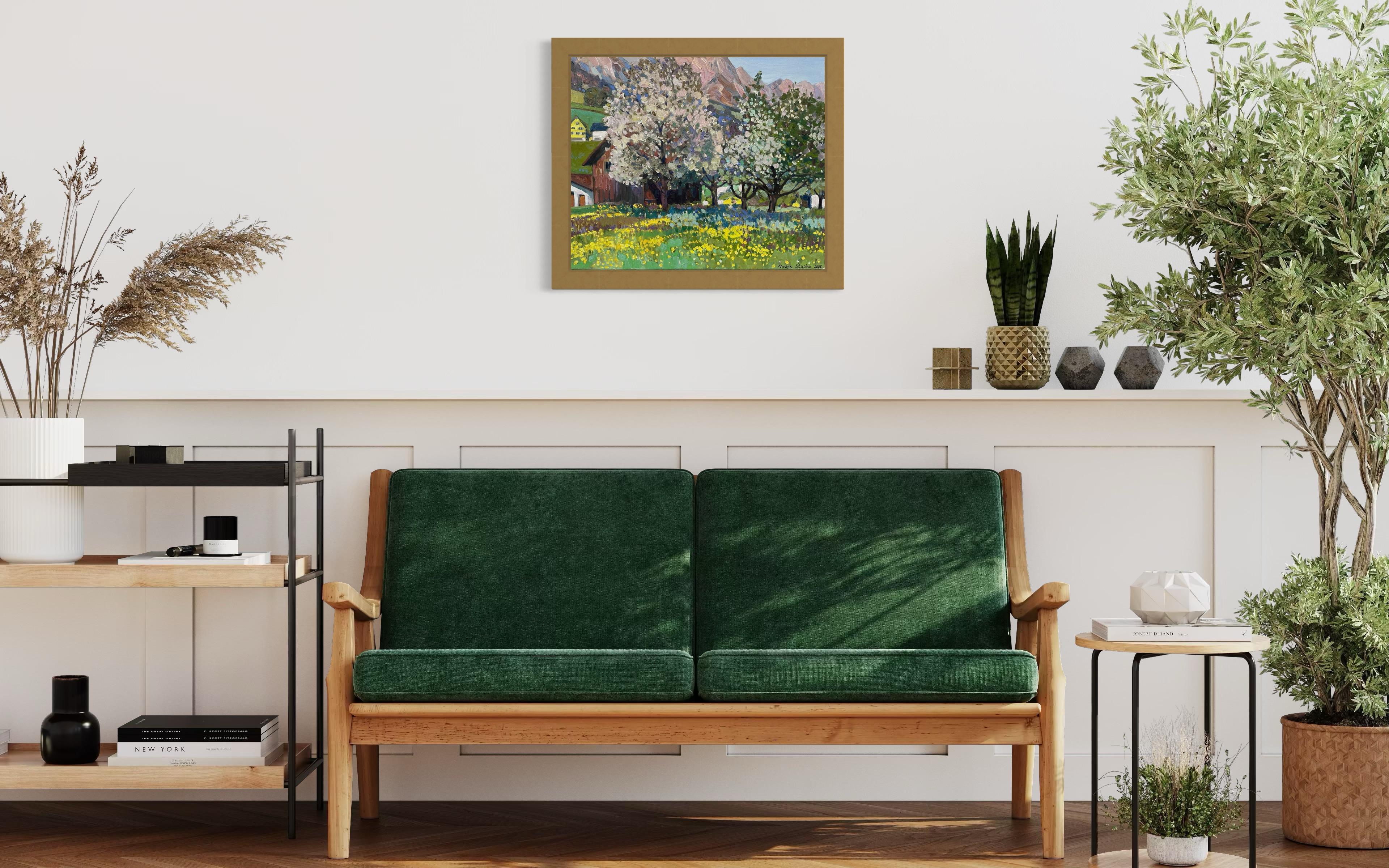 “spring at the foot of the Alps” Original impressionistic landscape . - Painting by Nadezda Stupina