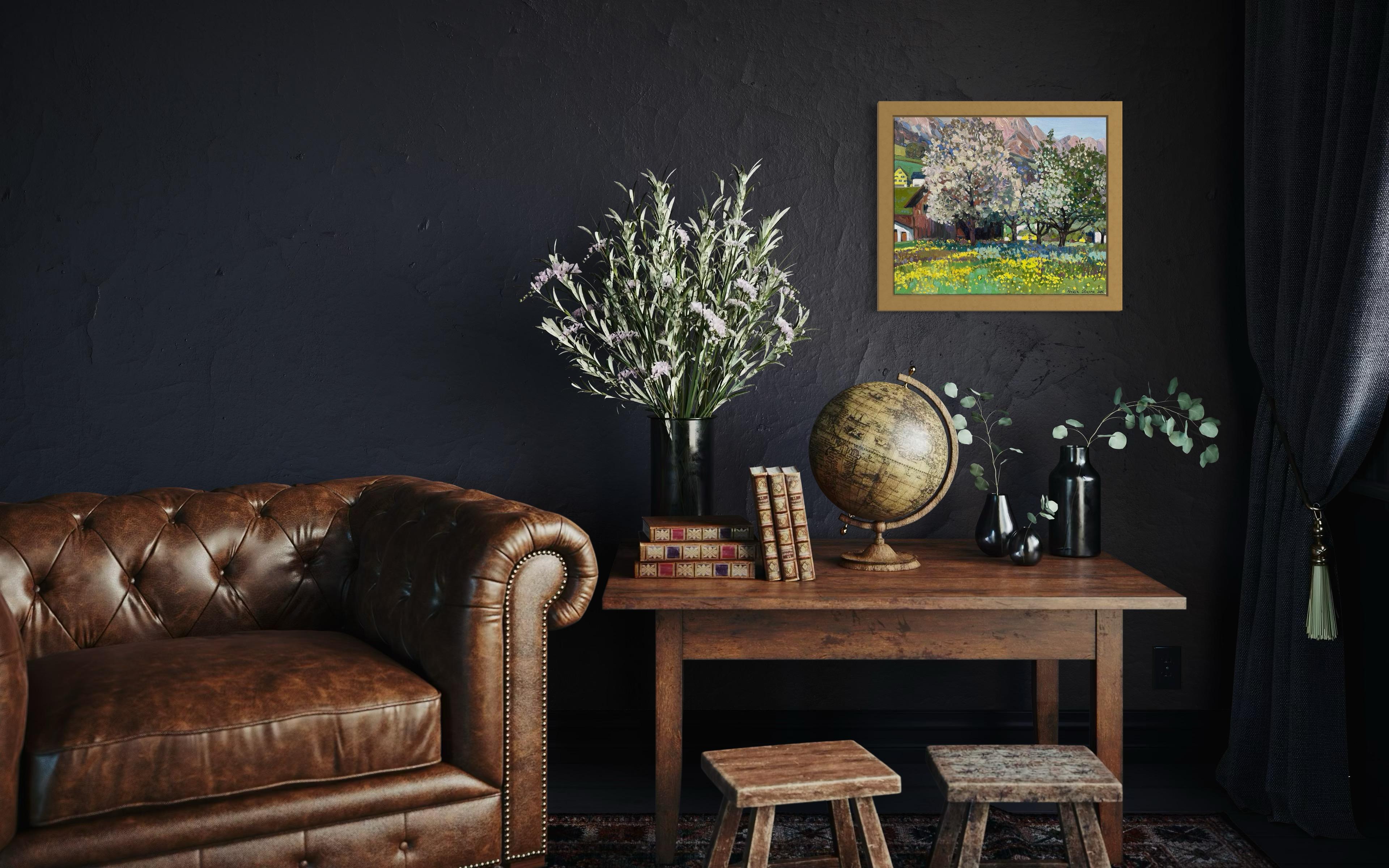 “spring at the foot of the Alps” Original impressionistic landscape . - Impressionist Painting by Nadezda Stupina