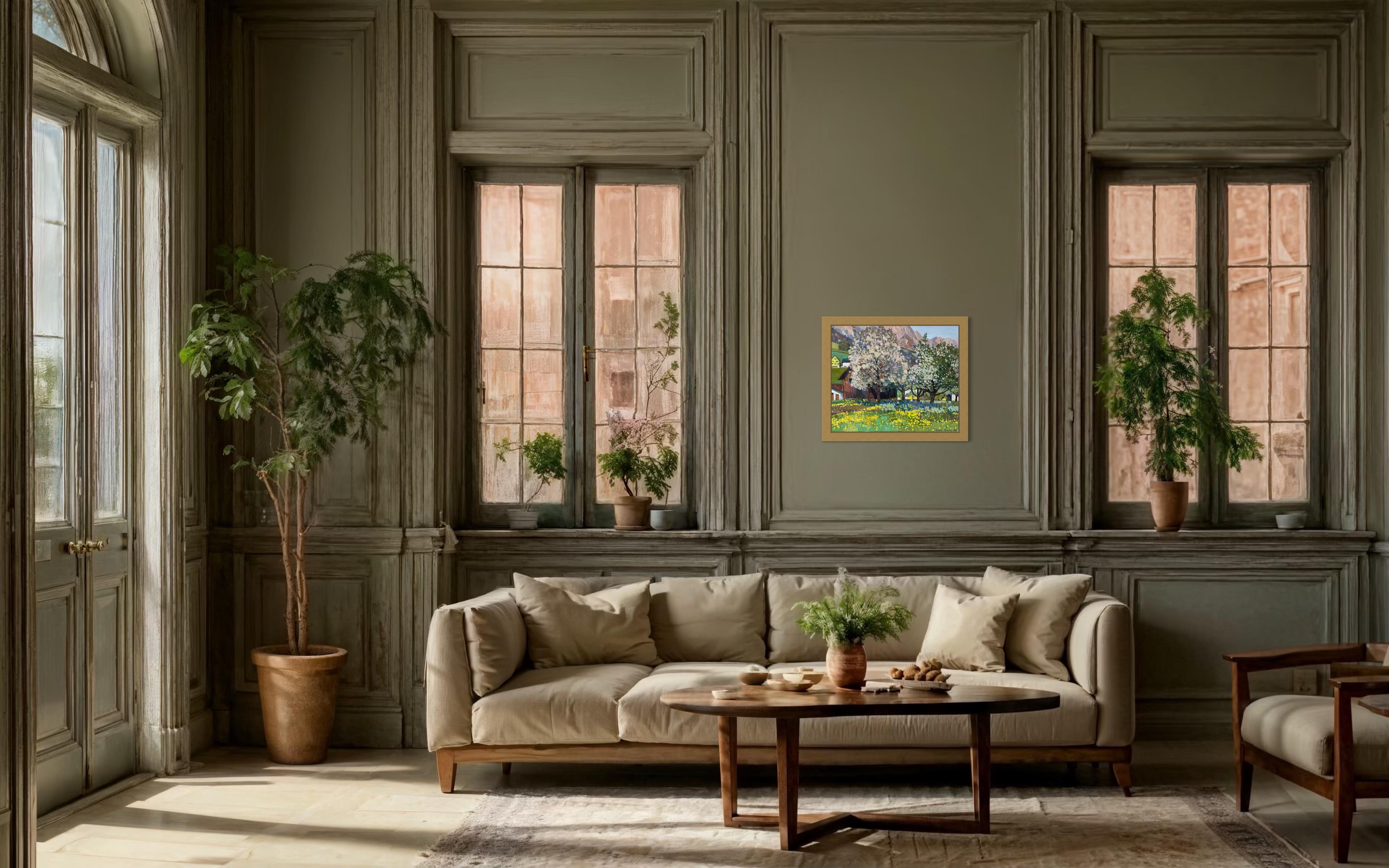 This vibrant artwork captures an idyllic springtime landscape. Dominating the foreground, blossoming trees burst with white and pale pink flowers, signaling renewal and growth. Beneath them, a lush carpet of yellow and green wildflowers sways