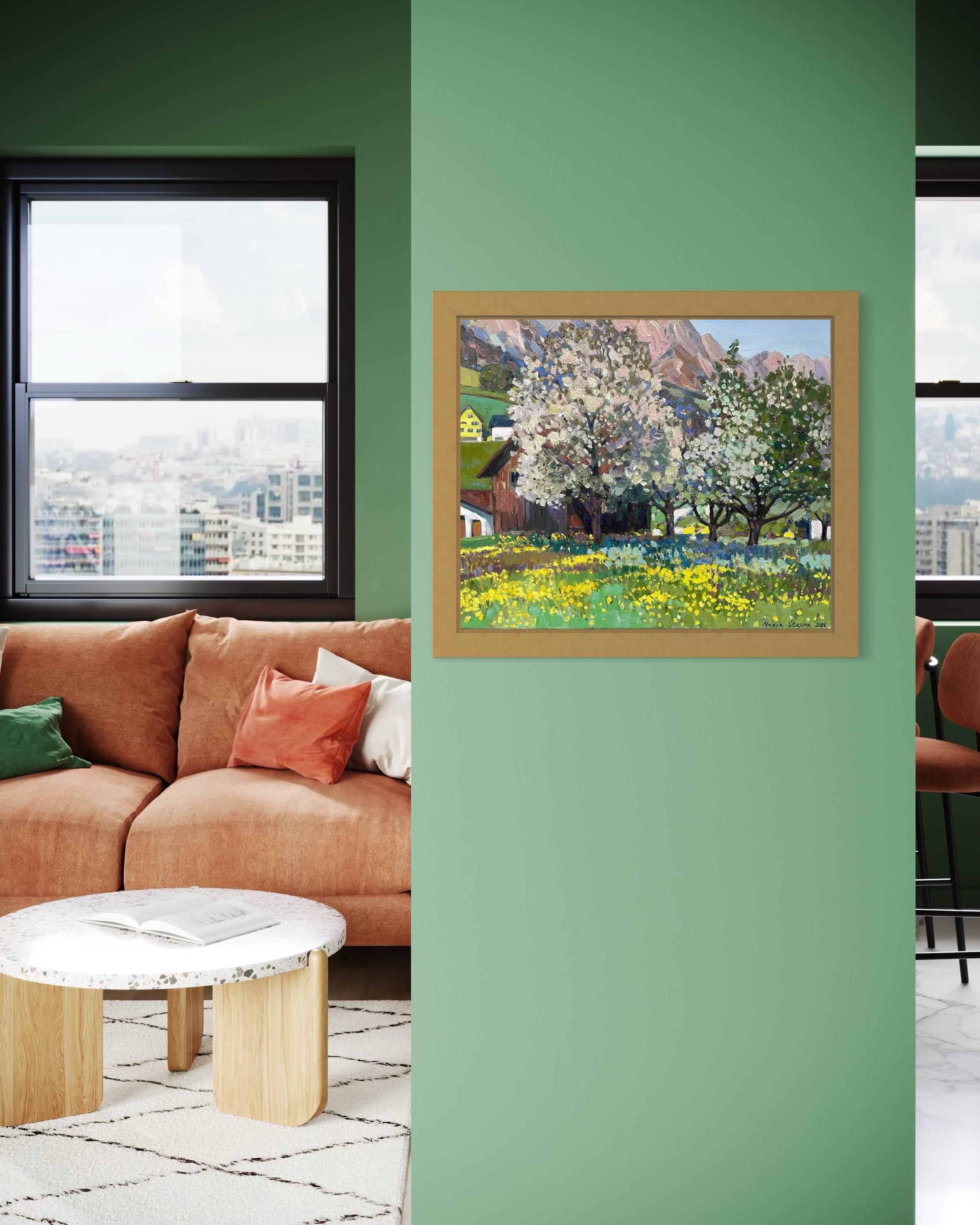 “spring at the foot of the Alps” Original impressionistic landscape . 1