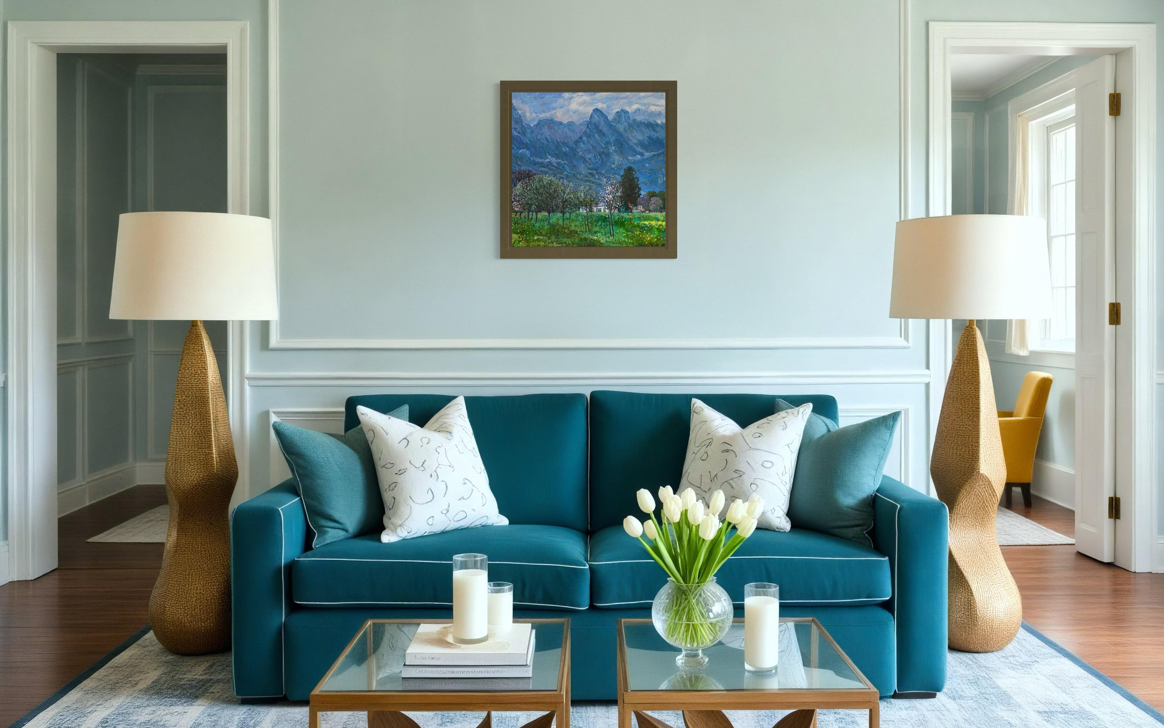 “Spring evening in the Alps” Original impressionistic landscape . Square . For Sale 7