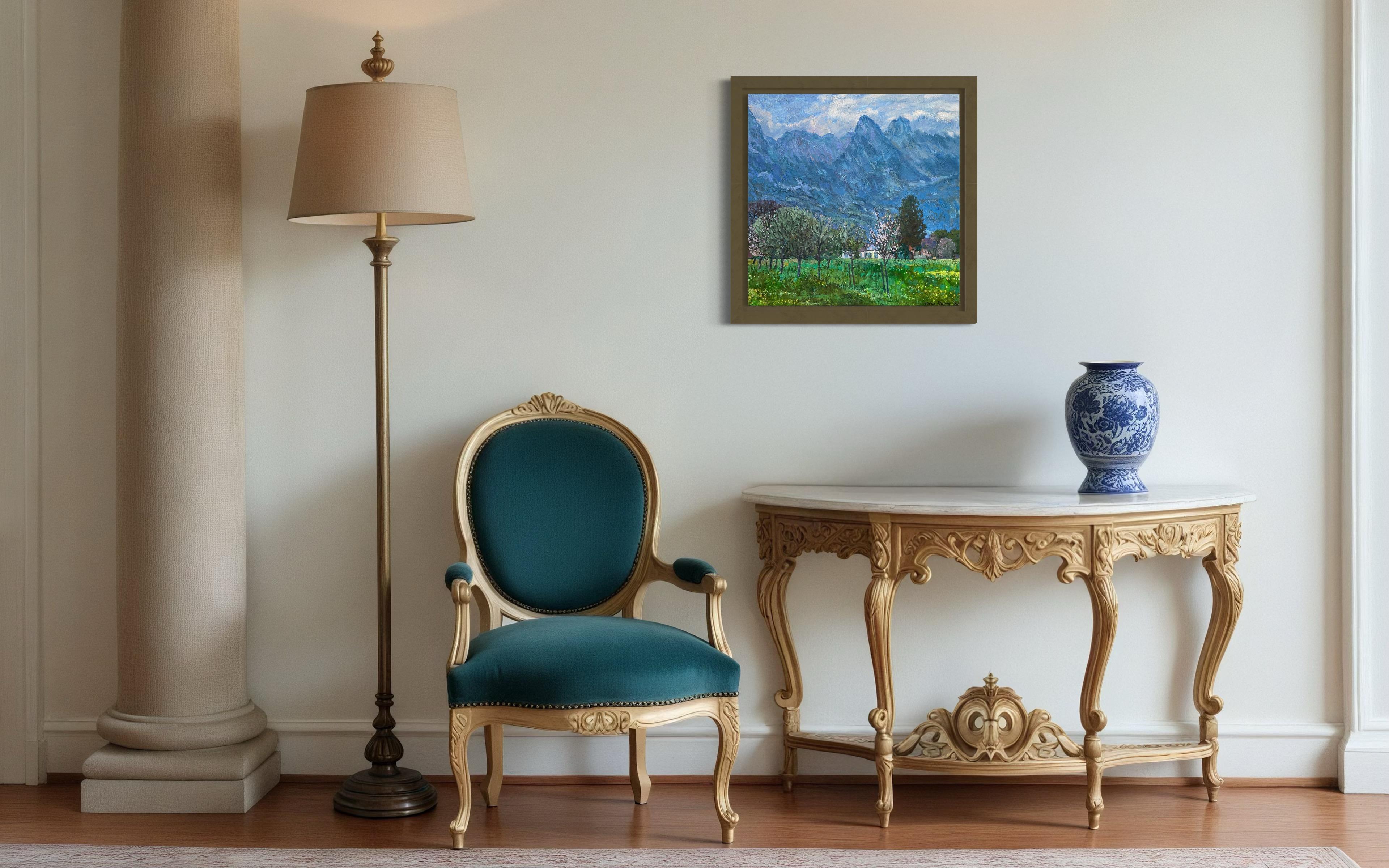 “Spring evening in the Alps” Original impressionistic landscape . Square . For Sale 9