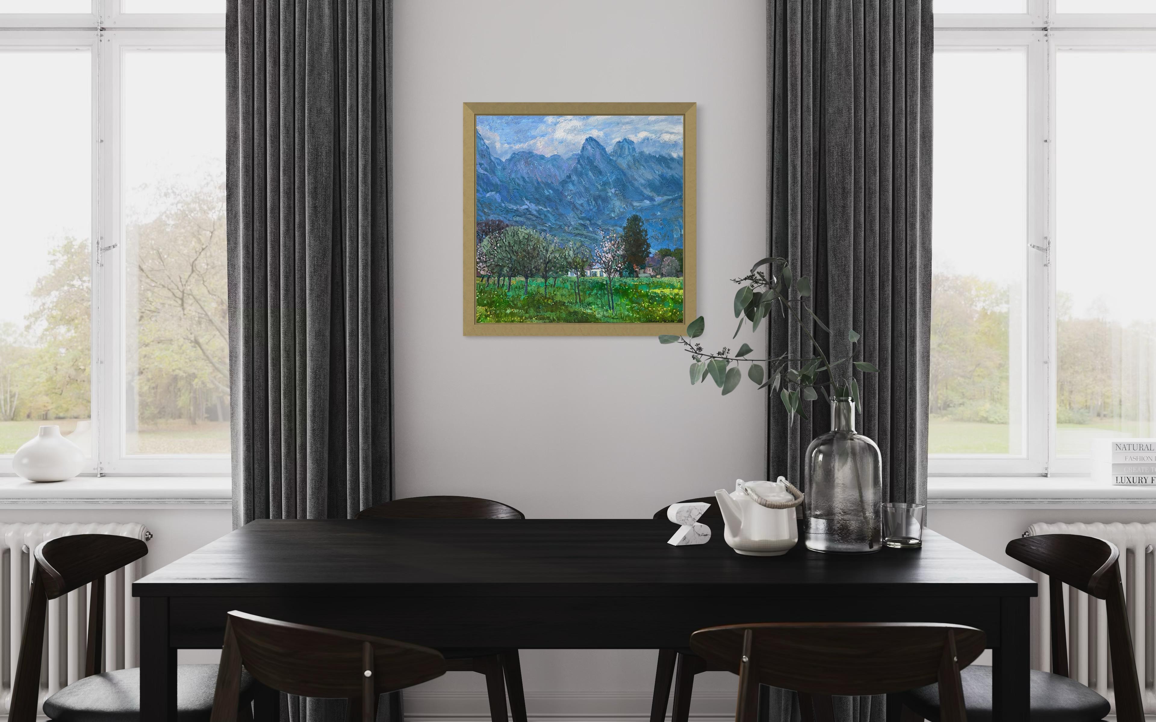 “Spring evening in the Alps” Original impressionistic landscape . Square . For Sale 10