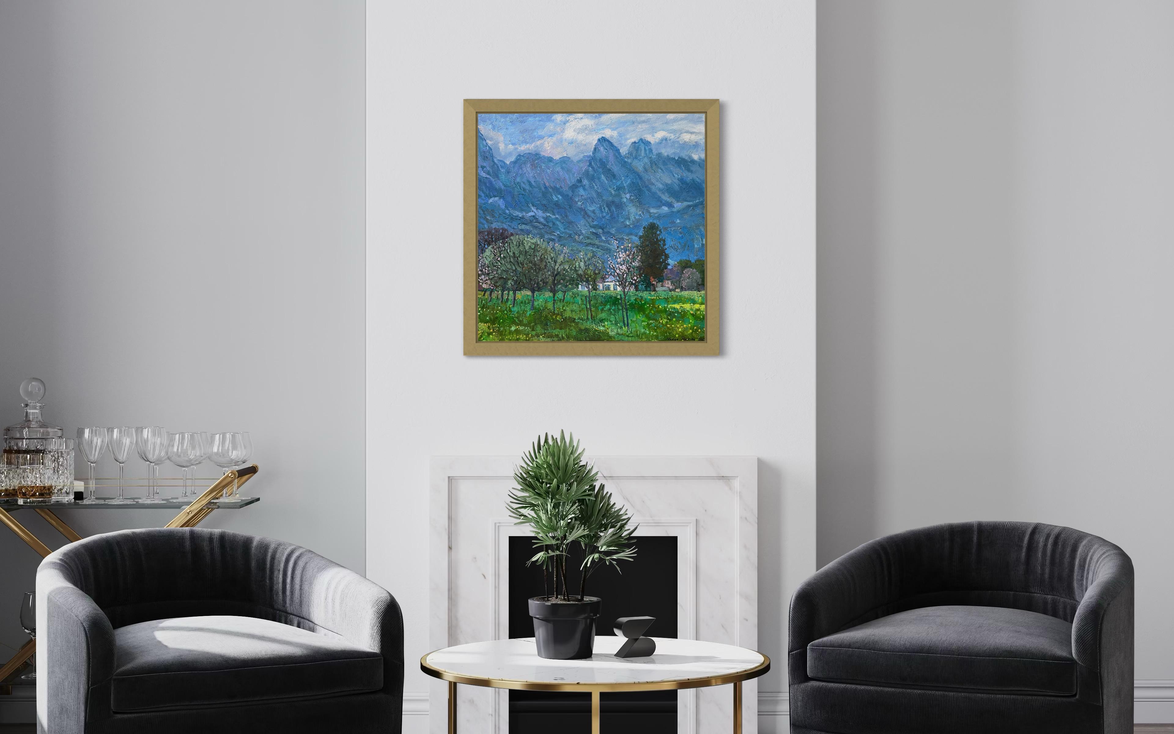 “Spring evening in the Alps” Original impressionistic landscape . Square . For Sale 11