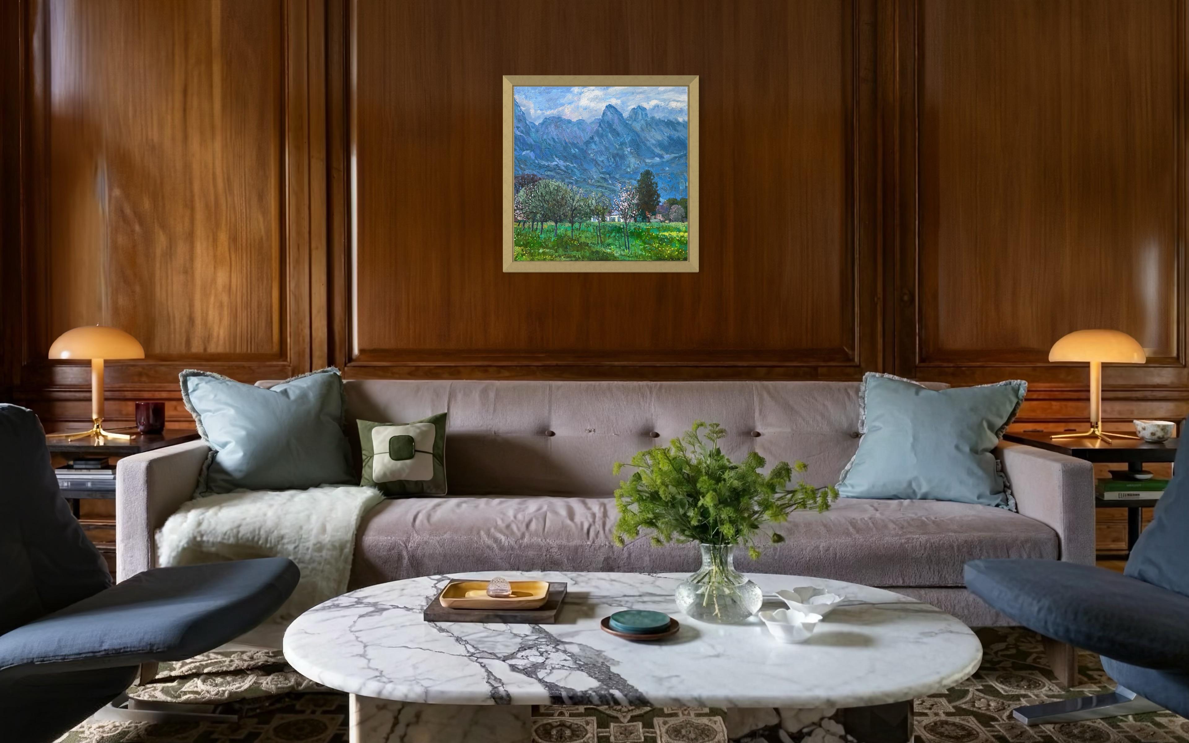 “Spring evening in the Alps” Original impressionistic landscape . Square . For Sale 14