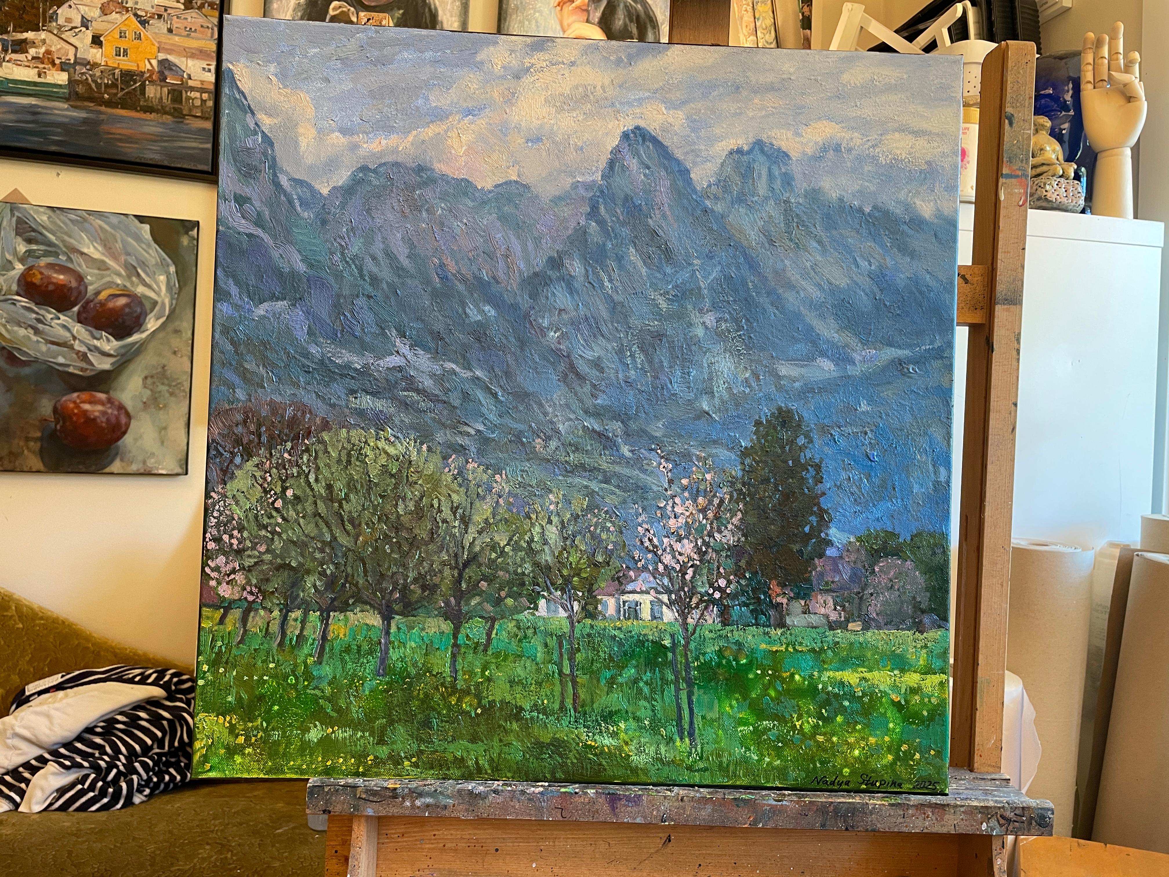 “Spring evening in the Alps” Original impressionistic landscape . Square . - Impressionist Painting by Nadezda Stupina