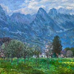 "Atardecer de primavera en los Alpes" Original paisaje impresionista . Cuadrado .