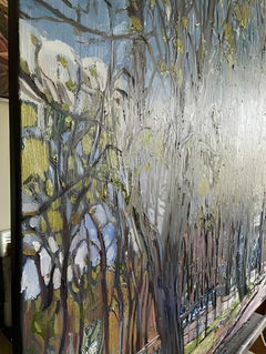 "Spring in the city"  Large square impressionistic city landscape . Oil painting