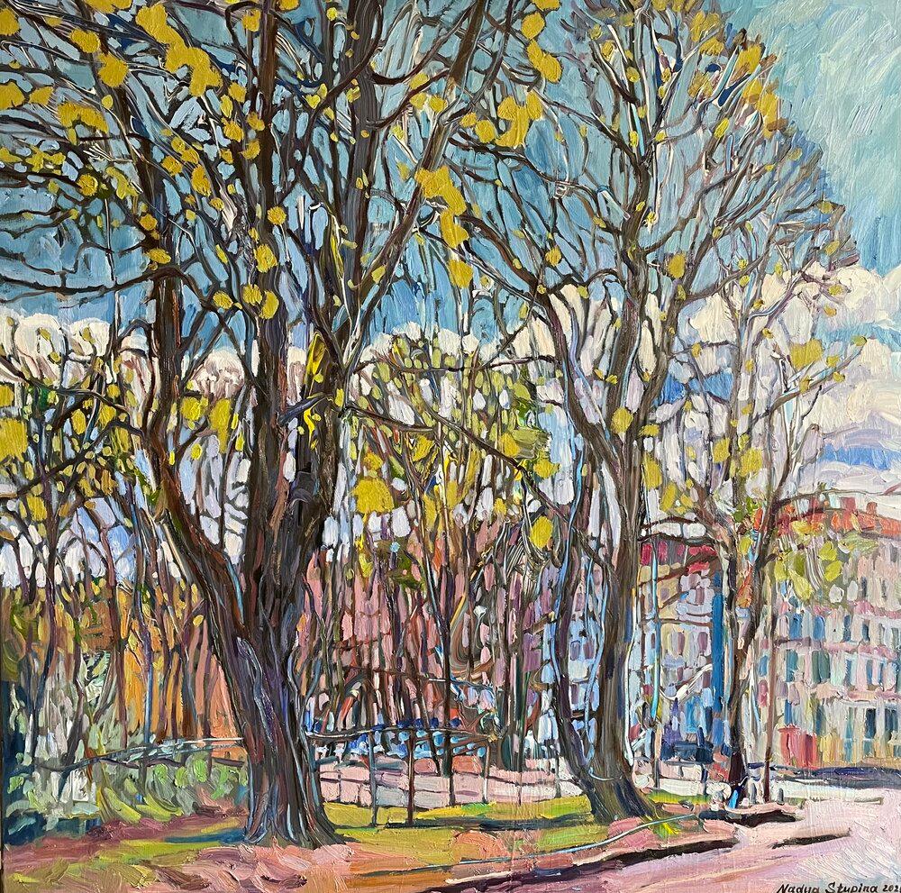 "Primavera en la ciudad"  Paisaje urbano impresionista de gran plaza . Pintura al óleo
