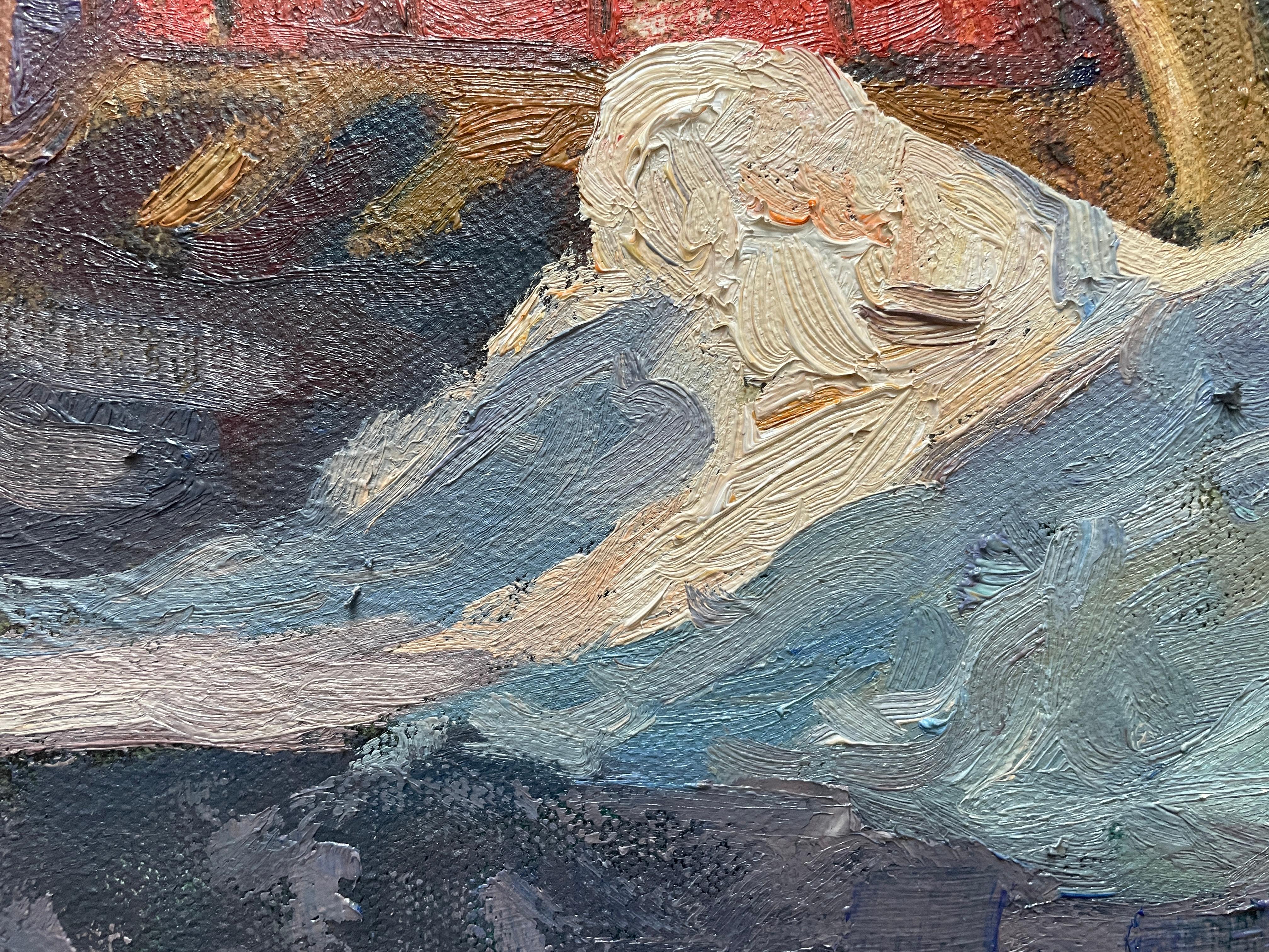 Dieses Kunstwerk fängt eine ruhige, spätwinterliche Szene in einem malerischen Dorf lebendig ein. Die Komposition wird von hohen, blattlosen Bäumen dominiert, die vor einem klaren, blauen Himmel stehen. Diese Bäume vermitteln ein Gefühl der
