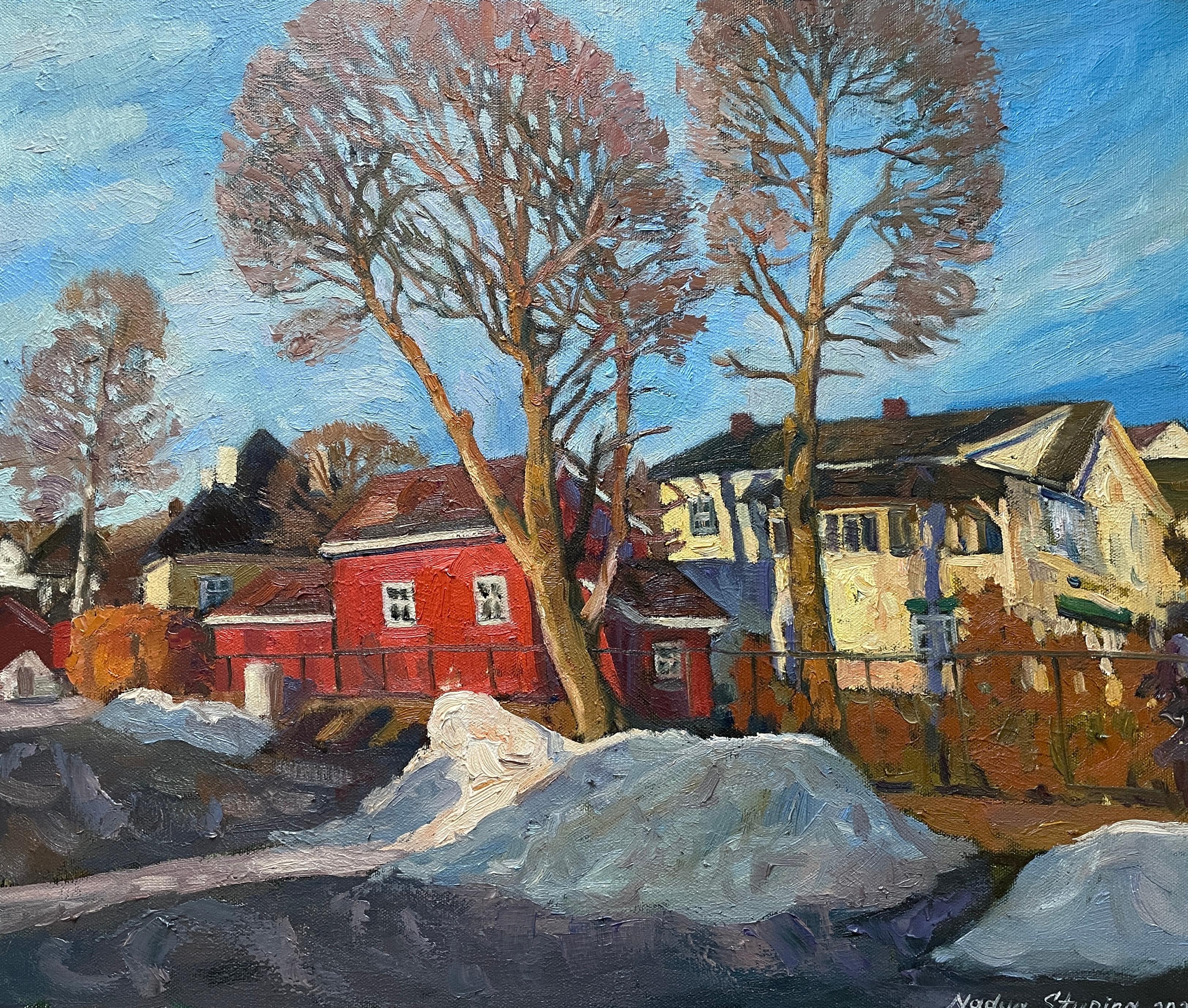 «Spring is coming soon» Impressionistic landscape . Oil painting .
