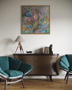 "Spring .Tulips" Original  floral  painting. Oil pastel on canvas. Large square