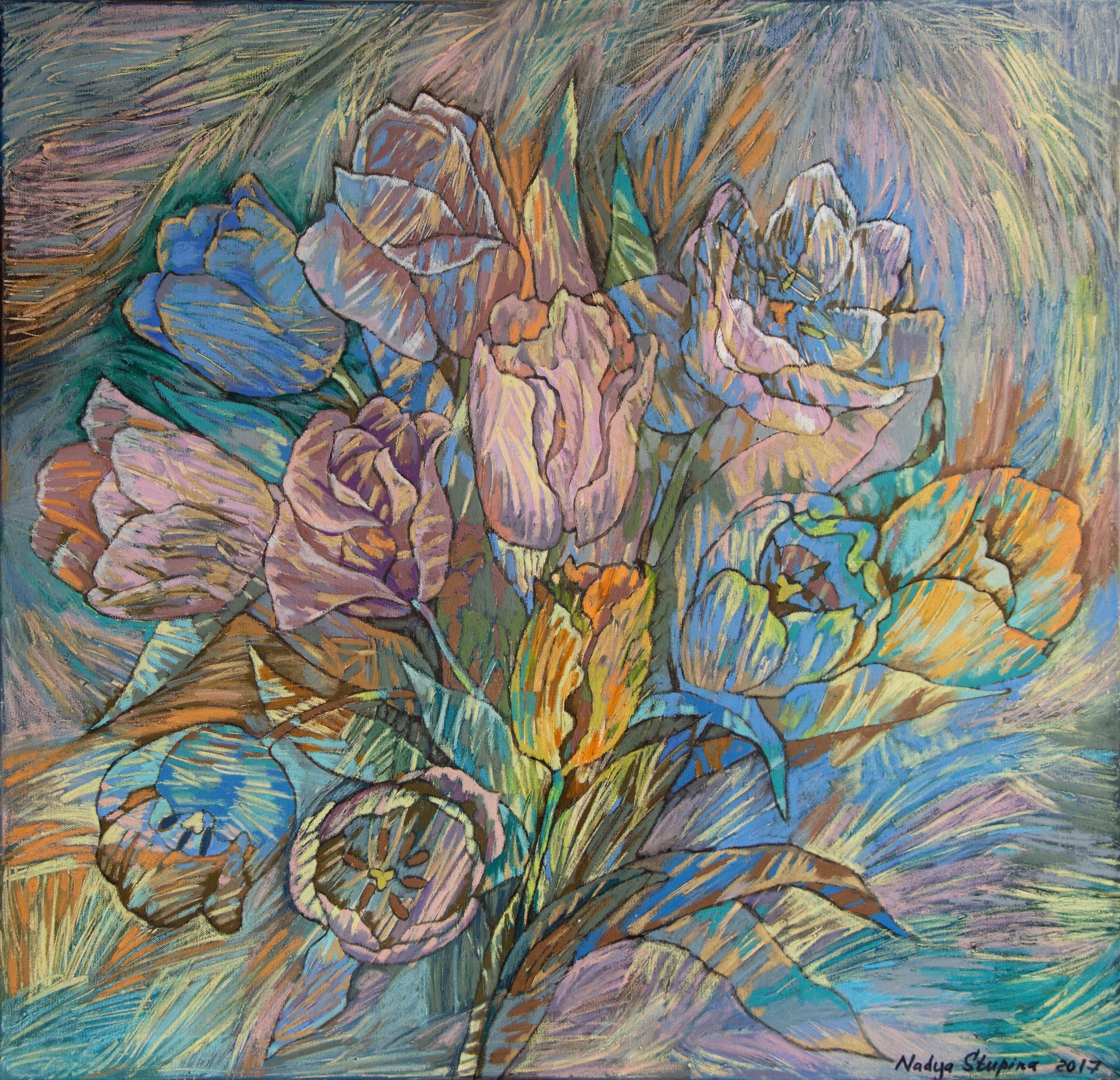 Nadezda Stupina Still-Life Painting – "Frühling.Tulpen" Original  Blumen  Malerei. Ölpastell auf Leinwand. Großes Quadrat
