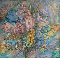 "Spring .Tulips" Original  floral  painting. Oil pastel on canvas. Large square