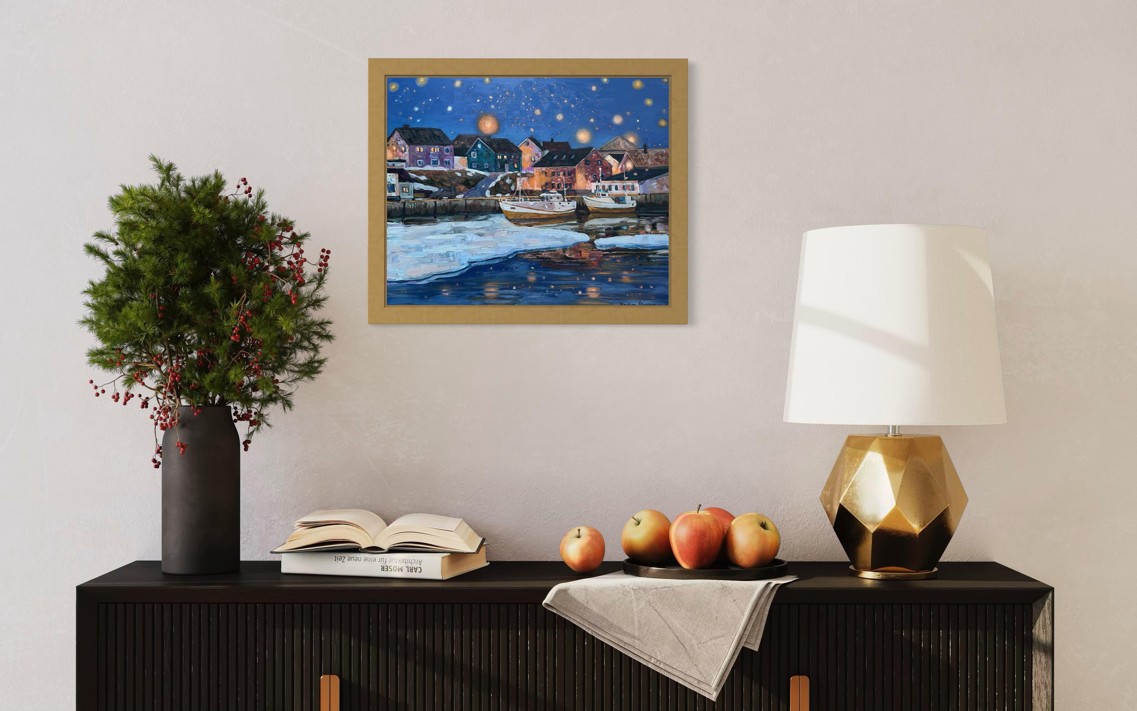 «Starry night in Berlevåg»Impressionostic landscape . Dekorative oil painting For Sale 9