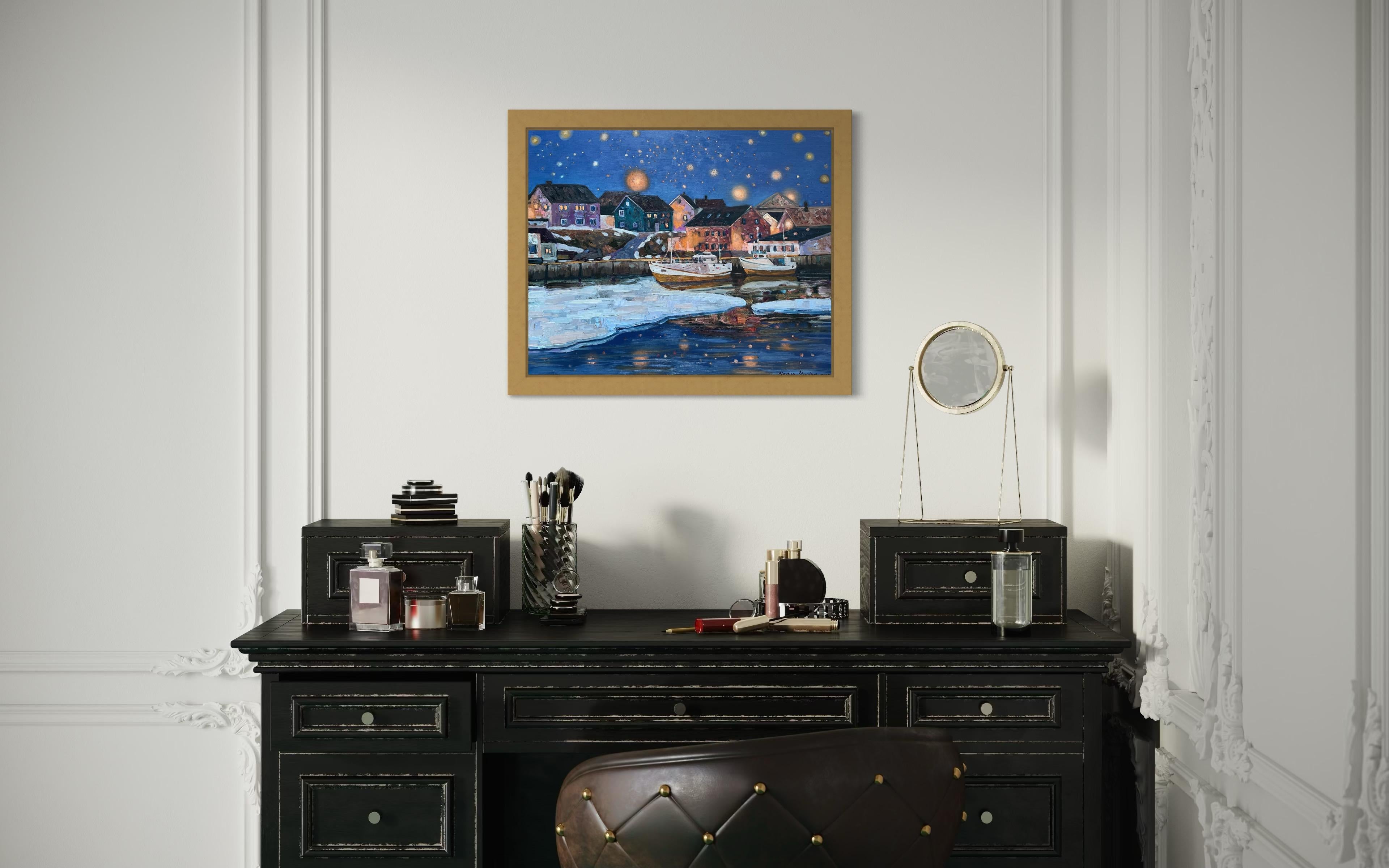 «Starry night in Berlevåg»Impressionostic landscape . Dekorative oil painting For Sale 10