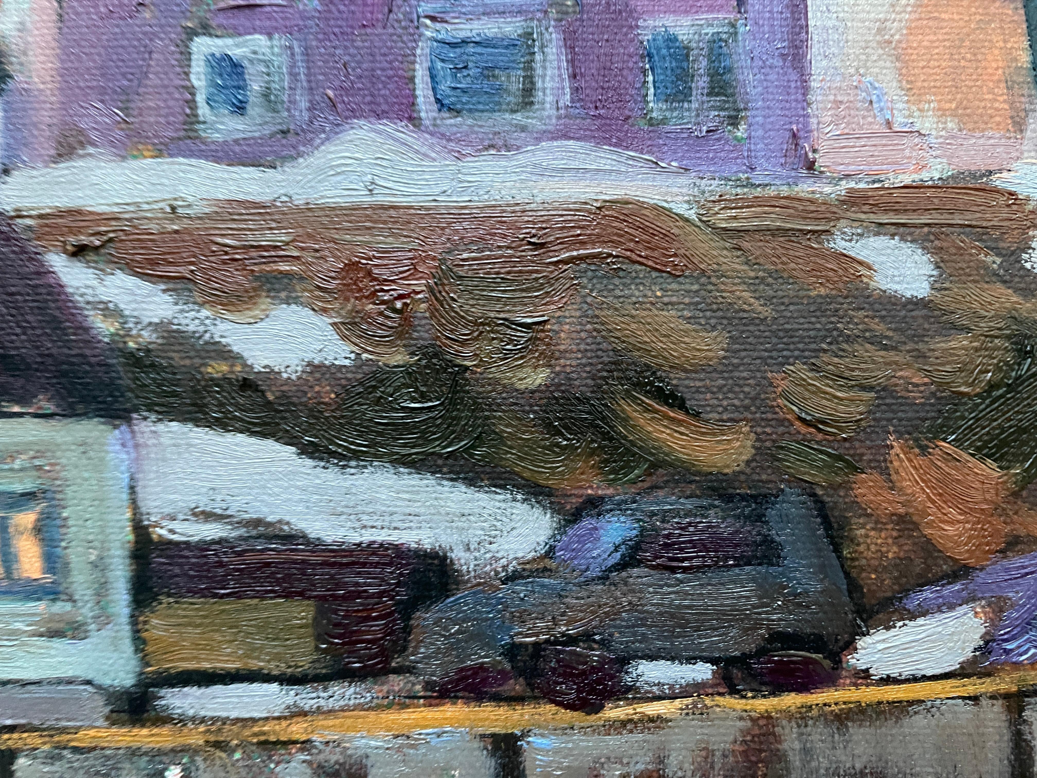 «Starry night in Berlevåg»Impressionostic landscape . Dekorative oil painting - Painting by Nadezda Stupina