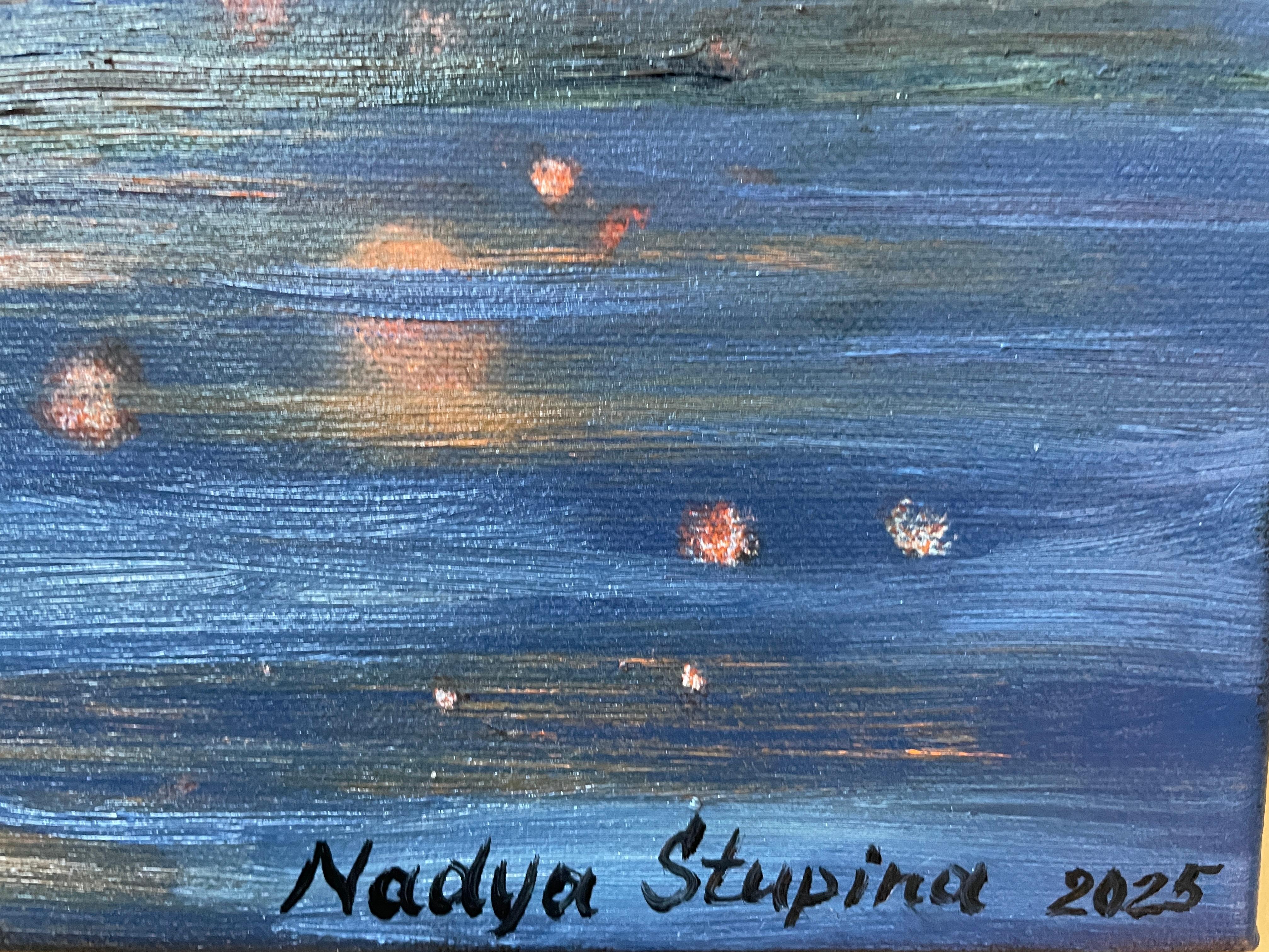 This captivating artwork showcases a serene evening harbor scene, vibrantly depicting a coastal village under a starlit sky. The artist employs bold brushstrokes and a rich palette to bring life to the colorful houses, which line the shoreline with