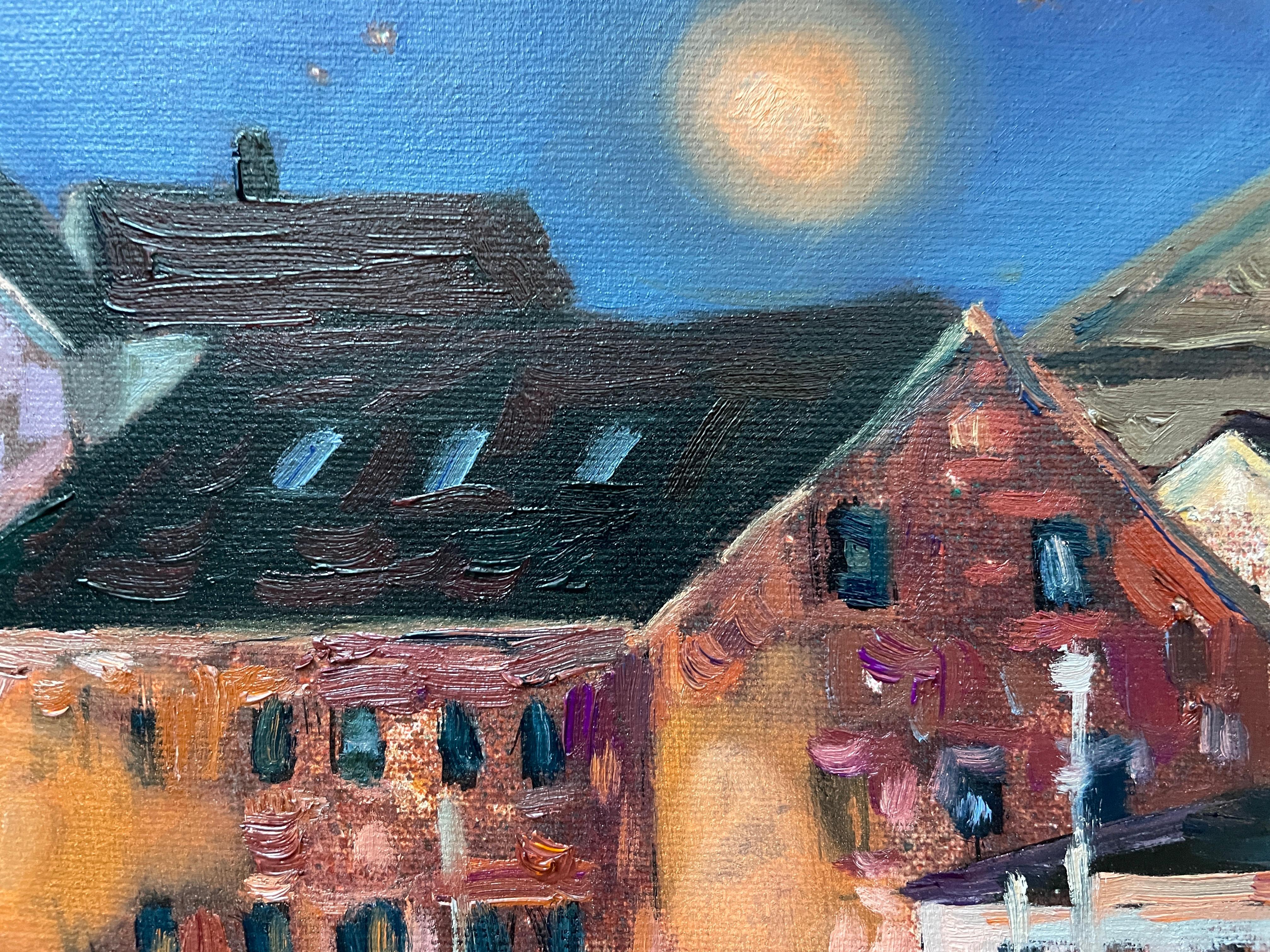 «Starry night in Berlevåg»Impressionostic landscape . Dekorative oil painting For Sale 1