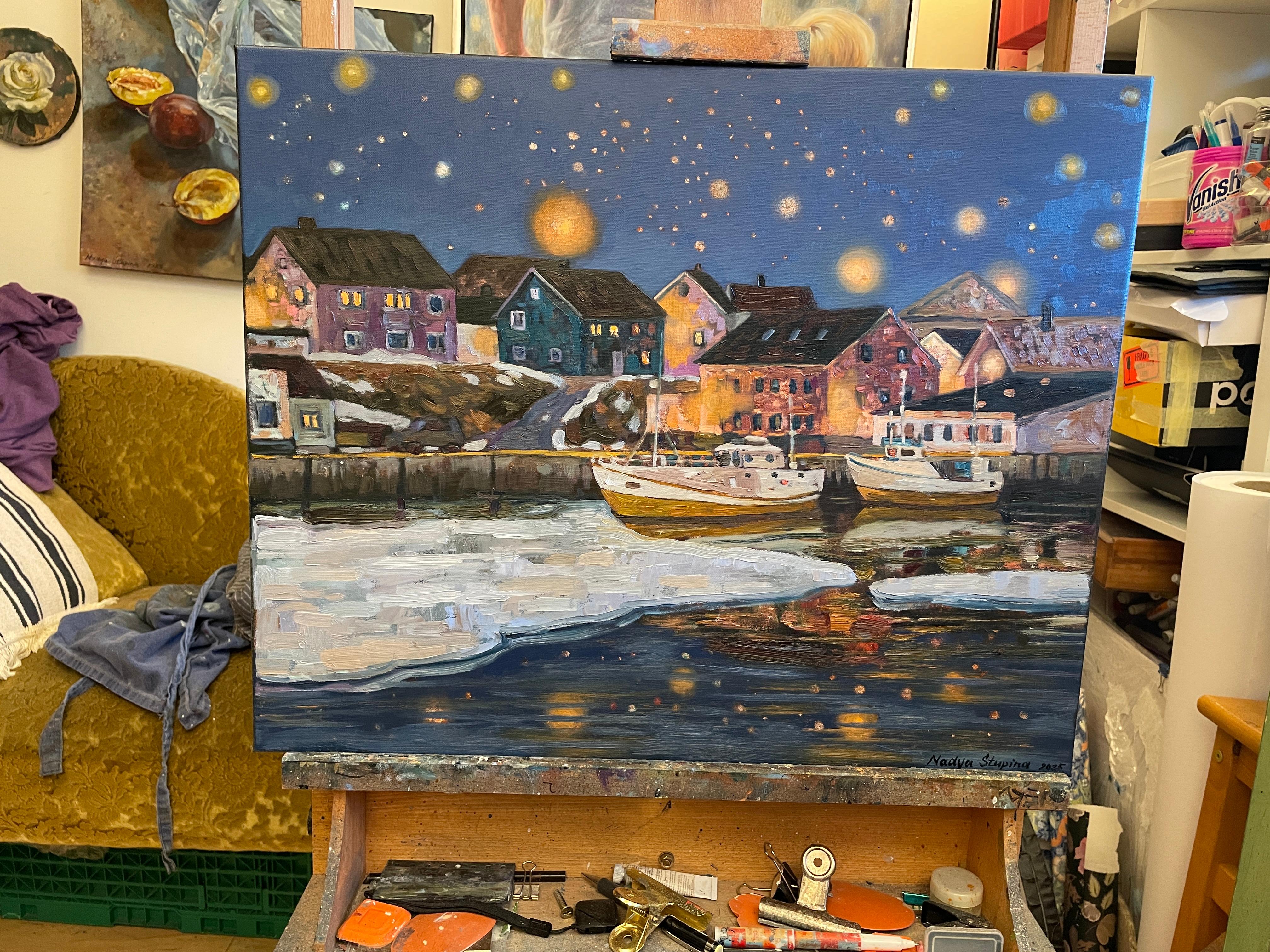 «Starry night in Berlevåg»Impressionostic landscape . Dekorative oil painting For Sale 3