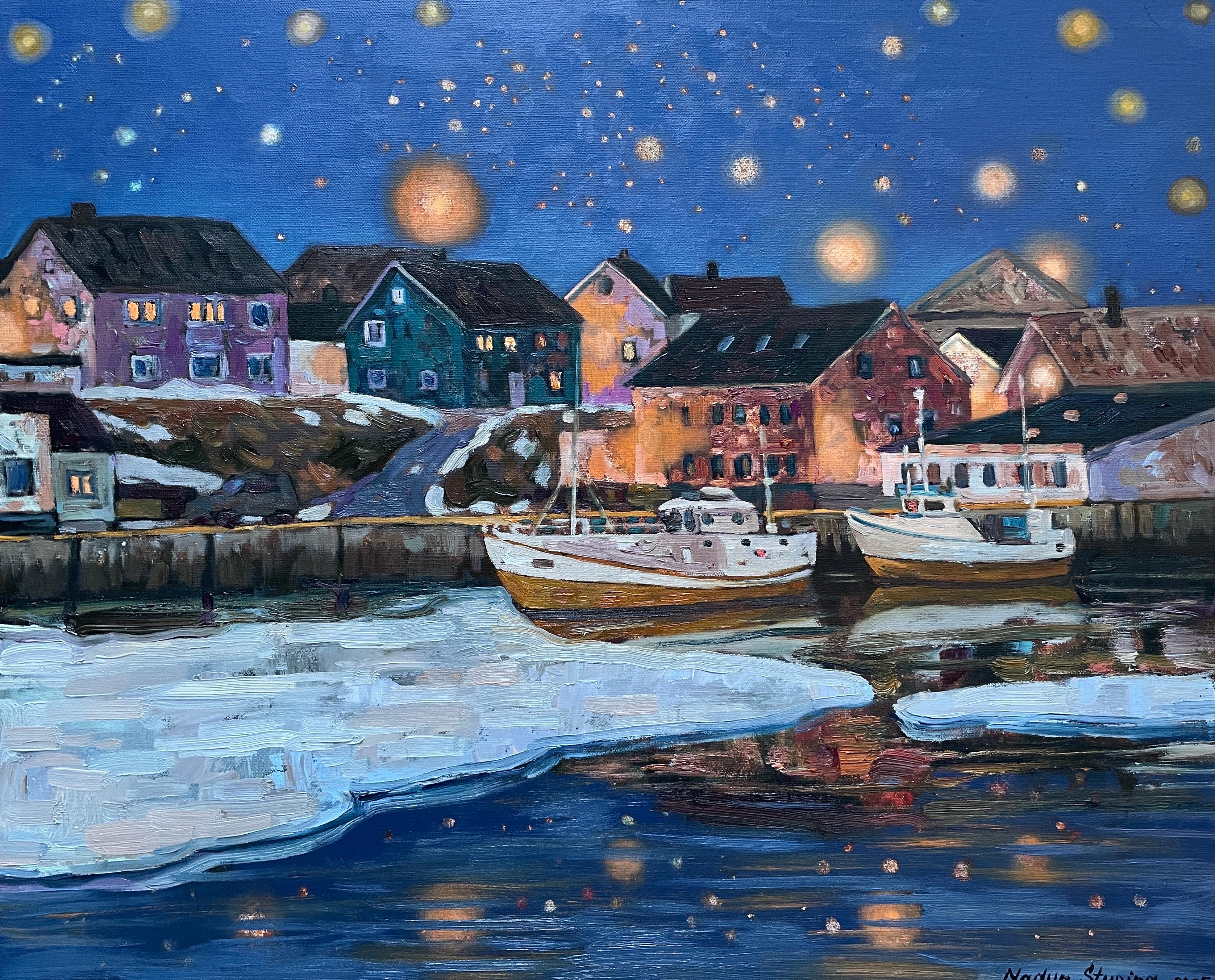 Nadezda Stupina Landscape Painting - «Starry night in Berlevåg»Impressionostic landscape . Dekorative oil painting