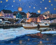 "Noche estrellada en Berlevåg "Paisaje impresionista . Pintura al óleo dekorativa