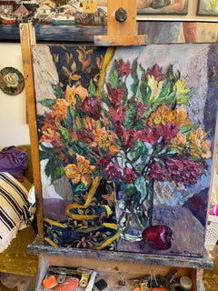 "Natura morta con gigli peruviani" Quadro impressionista originale. Impasto