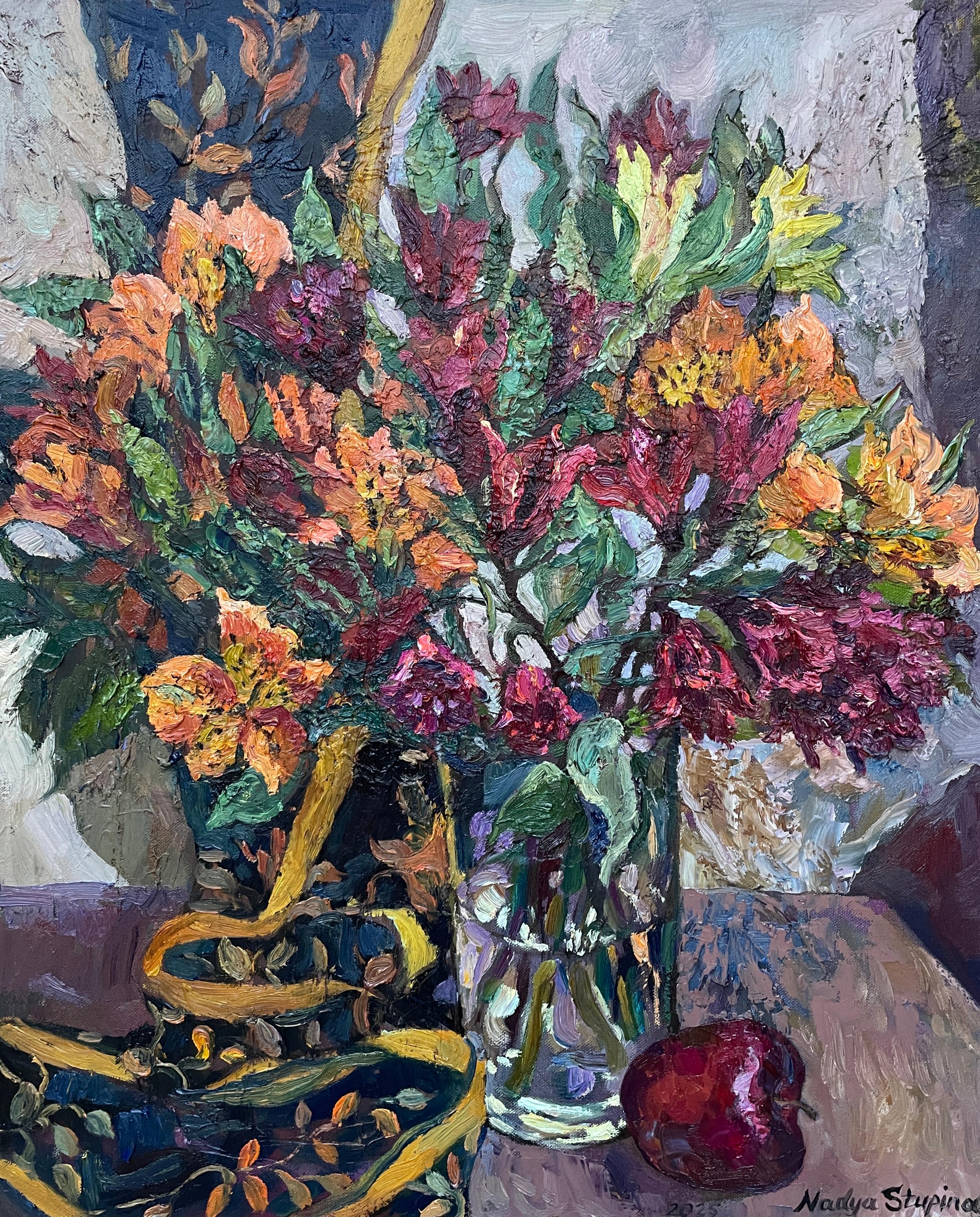 «Still life with Peruvian lilies» Original impressionistic painting . Impasto
