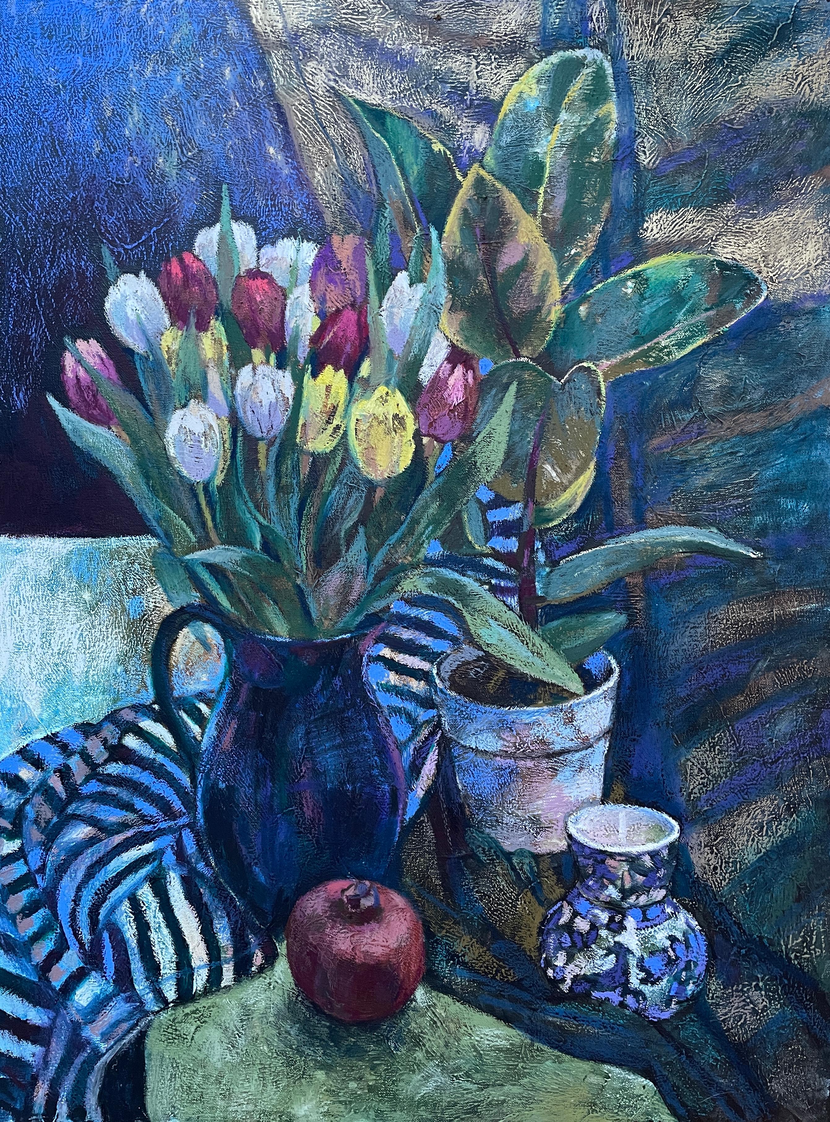 «Still Life with striped draperies» Original . Impressionistic painting .
