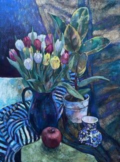 «Still Life with striped draperies» Original . Impressionistic painting .