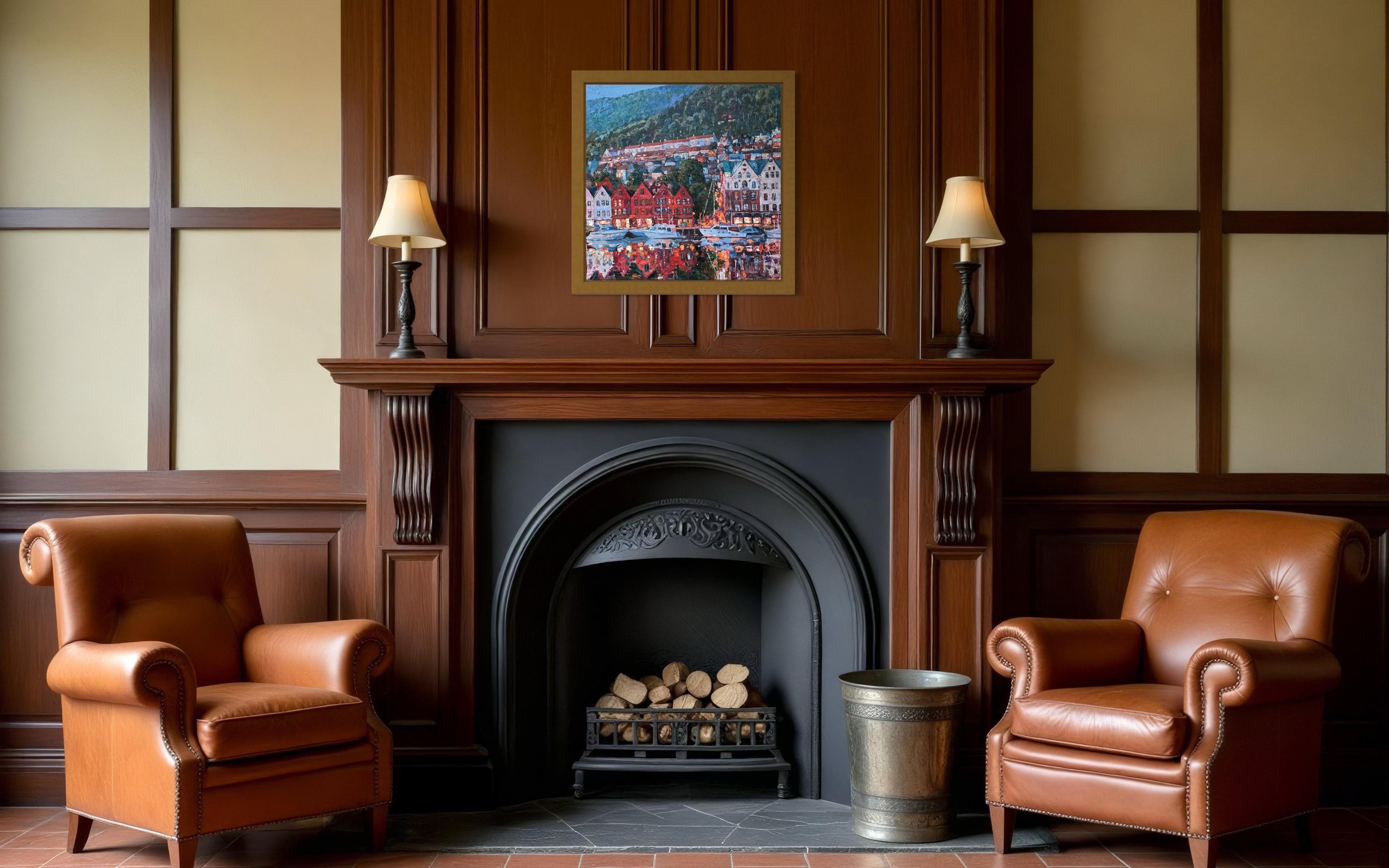 «Summer evening in Bergen» Original impressionistic cityscape . Square .Impasto For Sale 6