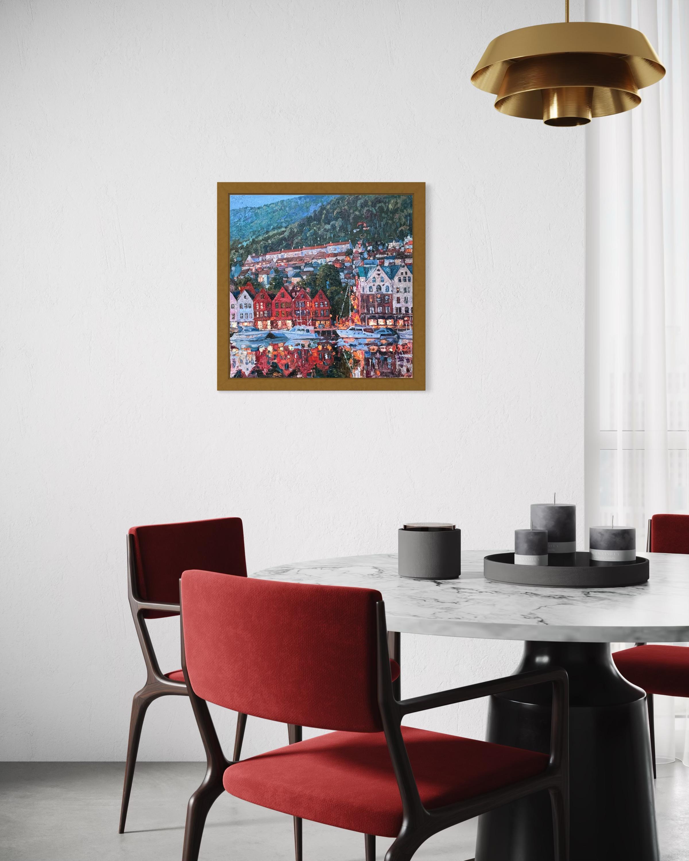 «Summer evening in Bergen» Original impressionistic cityscape . Square .Impasto For Sale 9