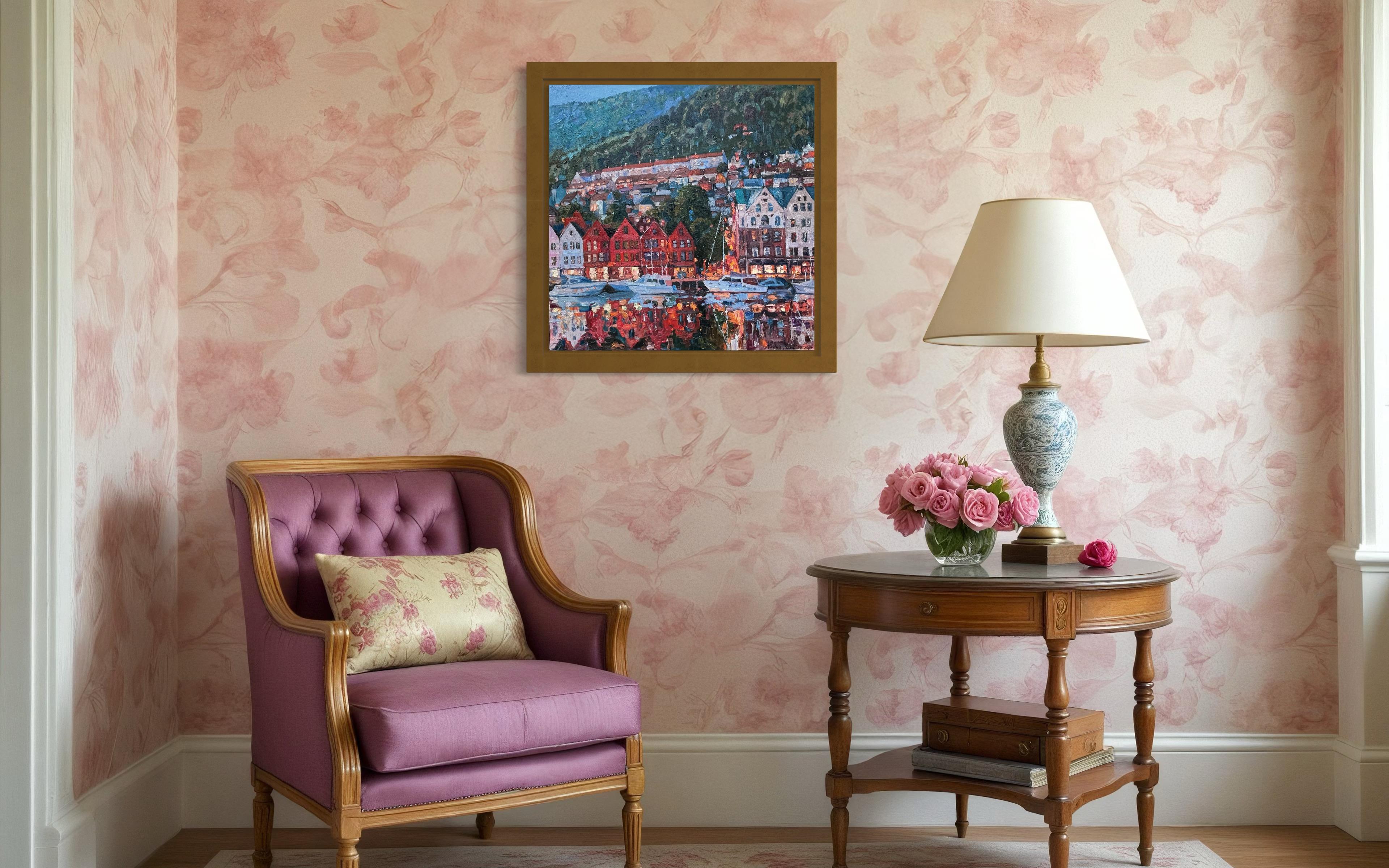 «Summer evening in Bergen» Original impressionistic cityscape . Square .Impasto For Sale 11