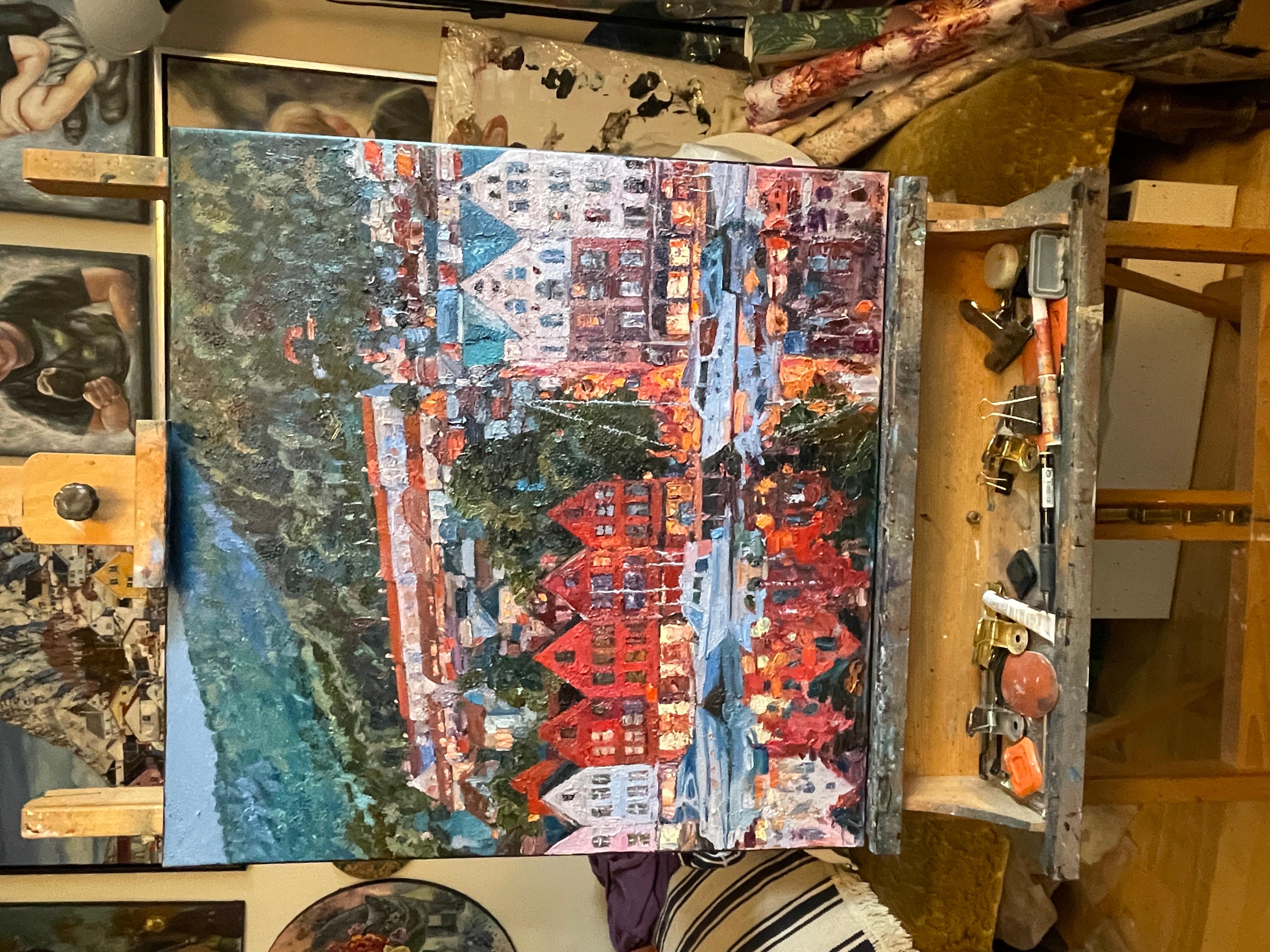 «Summer evening in Bergen» Original impressionistic cityscape . Square .Impasto - Painting by Nadezda Stupina