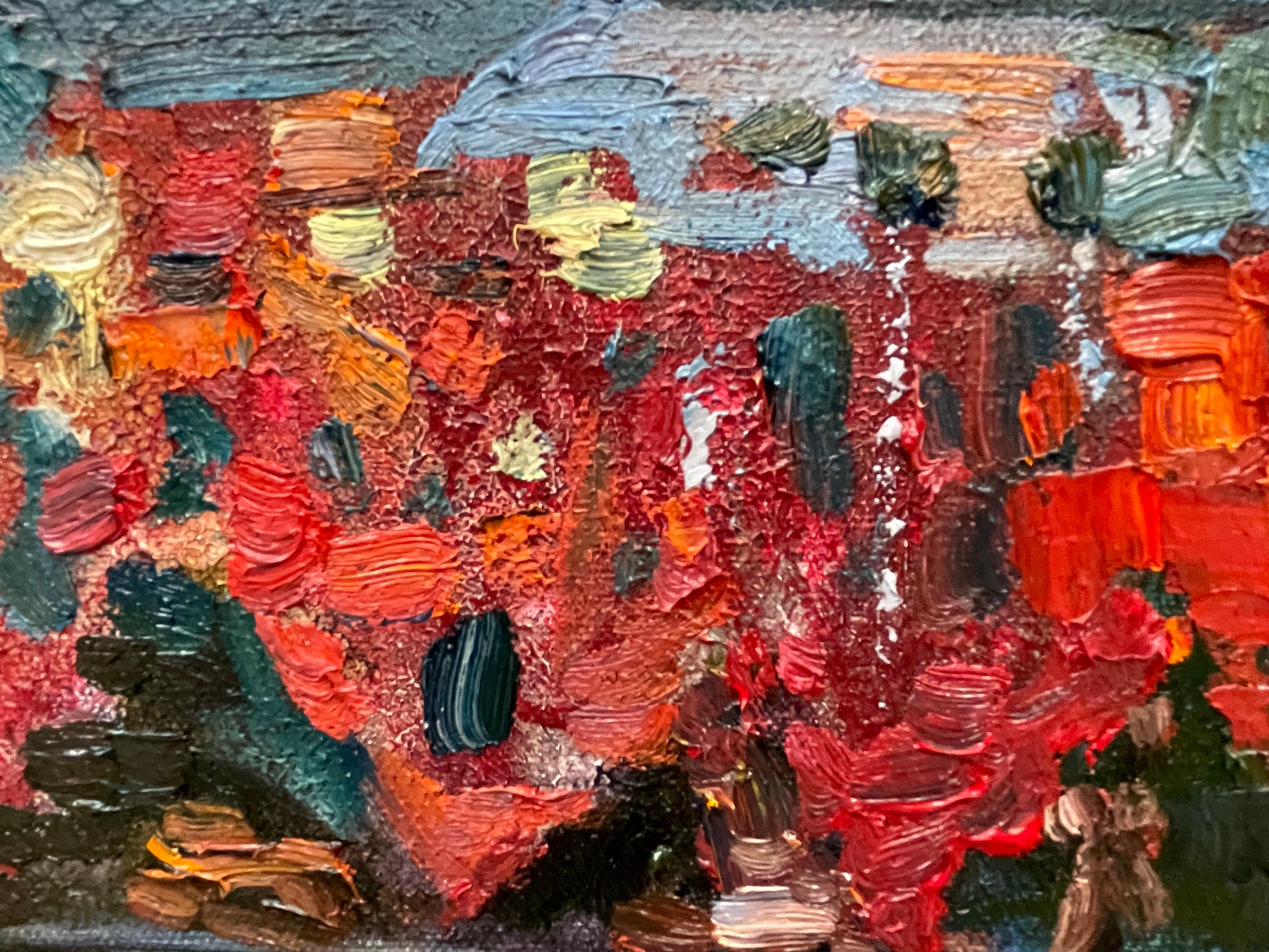 This artwork vividly captures the picturesque essence of a vibrant harbor town. Richly colored houses, painted in warm reds and whites, align the waterfront, creating a vivid contrast against the lush, green hillside that rises beyond. The