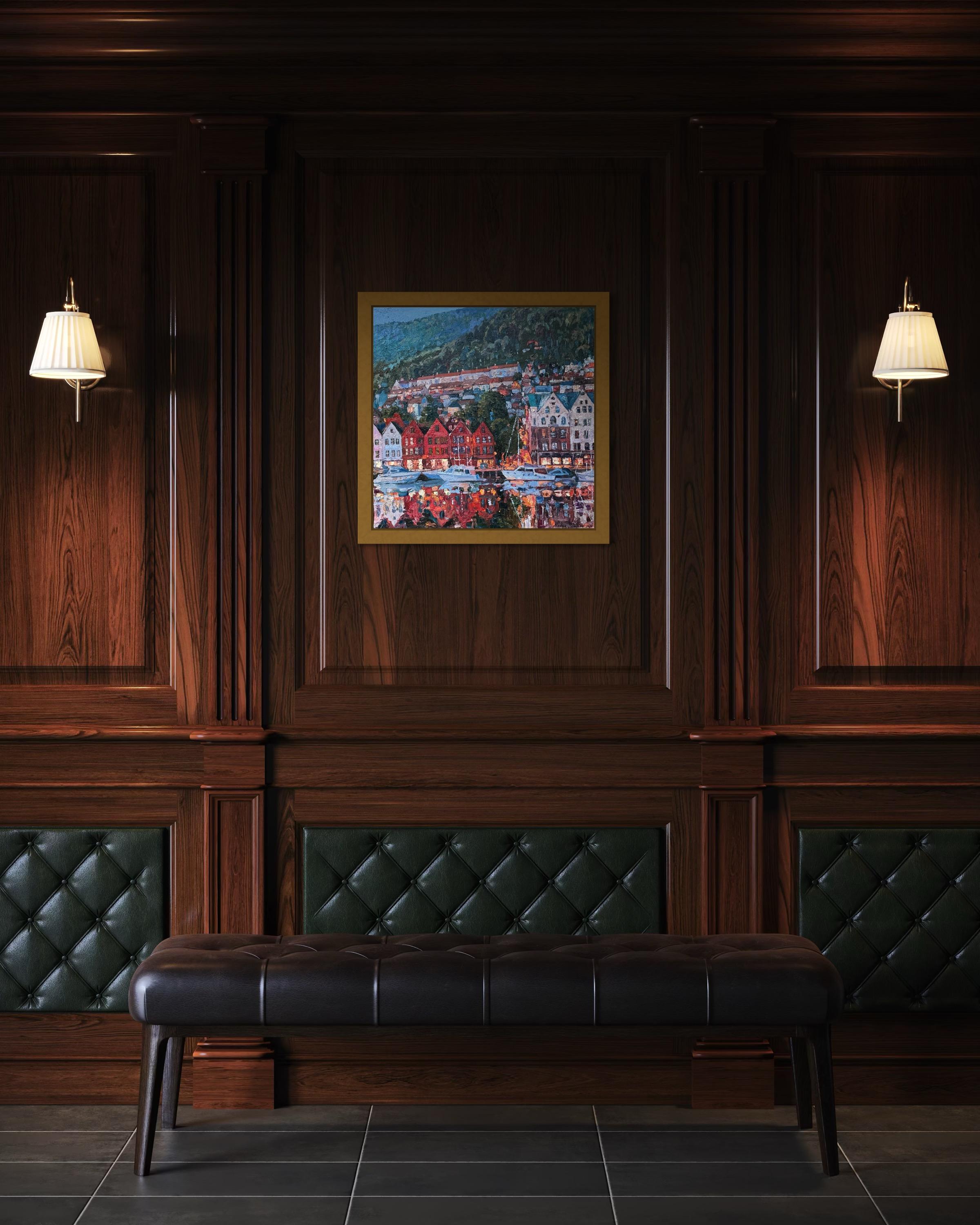 «Summer evening in Bergen» Original impressionistic cityscape . Square .Impasto For Sale 3