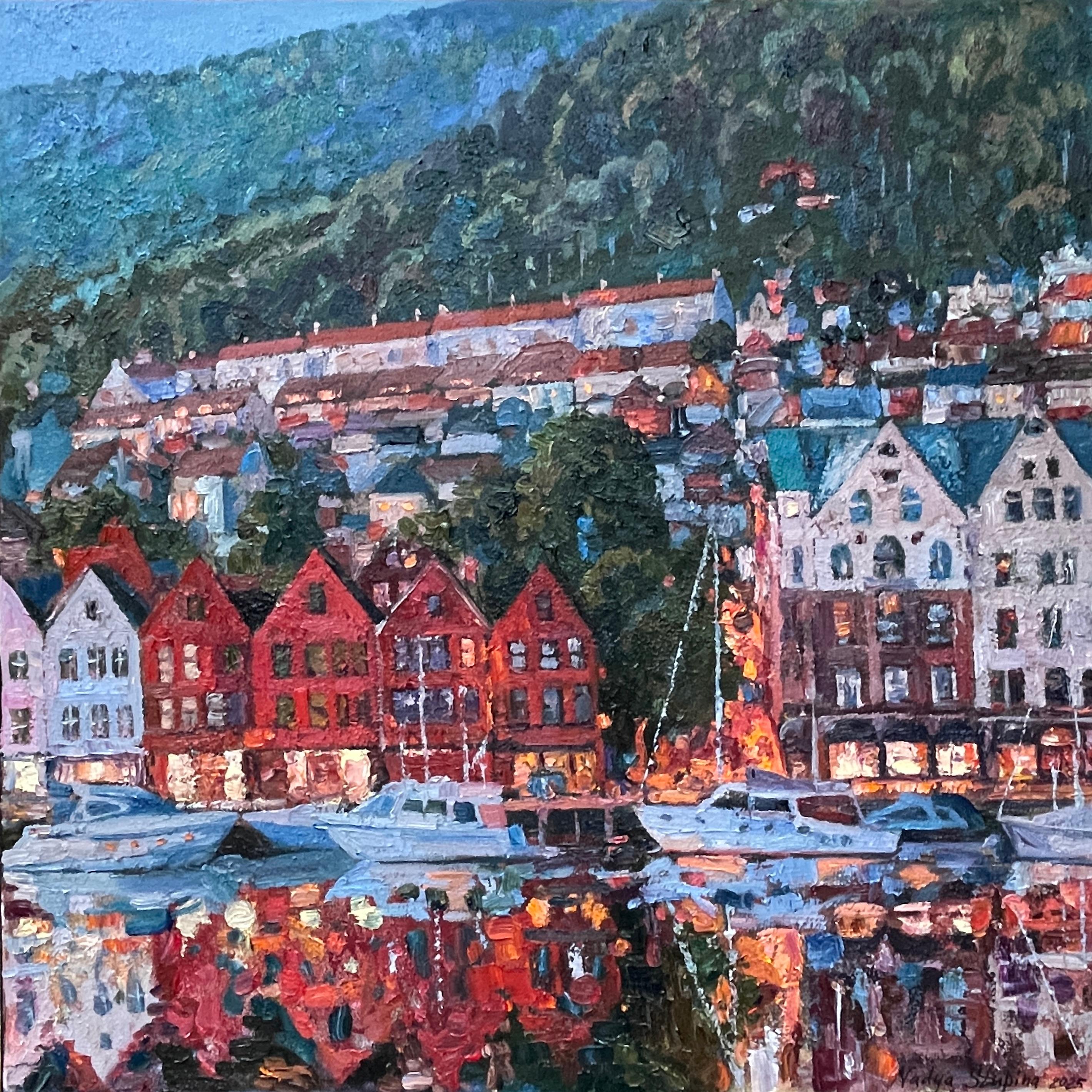 «Summer evening in Bergen» Original impressionistic cityscape . Square .Impasto