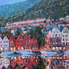«Summer evening in Bergen» Original impressionistic cityscape . Square .Impasto