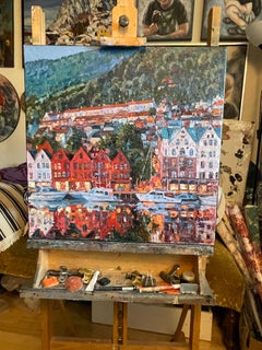 Summer Evening in Bergen, Original Impressionistic Painting, 60x60 cm