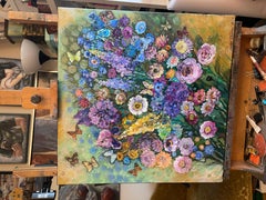 "Vacances d'été" Peinture florale originale. Carré . Décoration intérieure