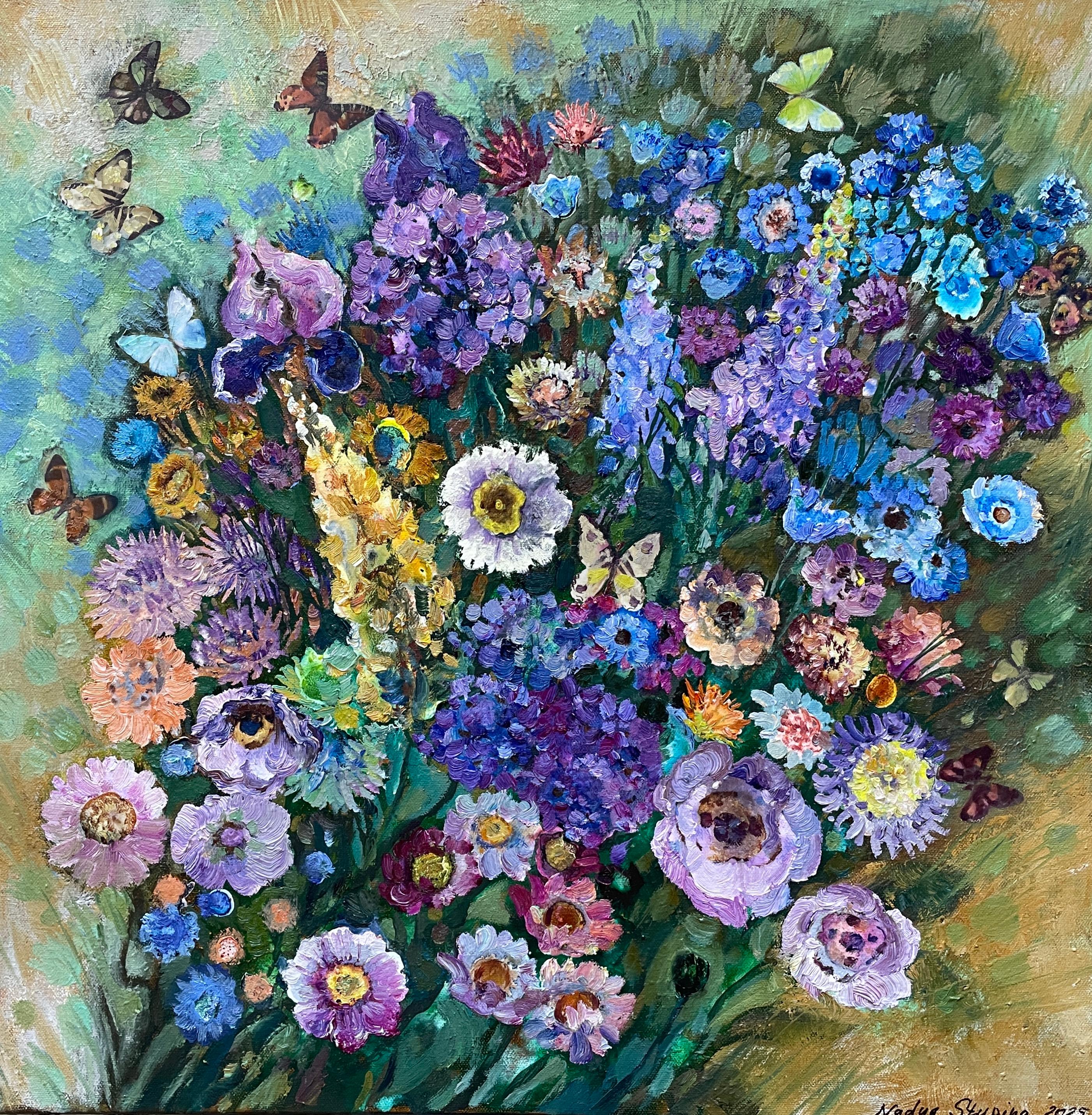 Nadezda Stupina Landscape Painting – "Sommerurlaub" Original Blumengemälde . Quadratisch. Inneneinrichtung