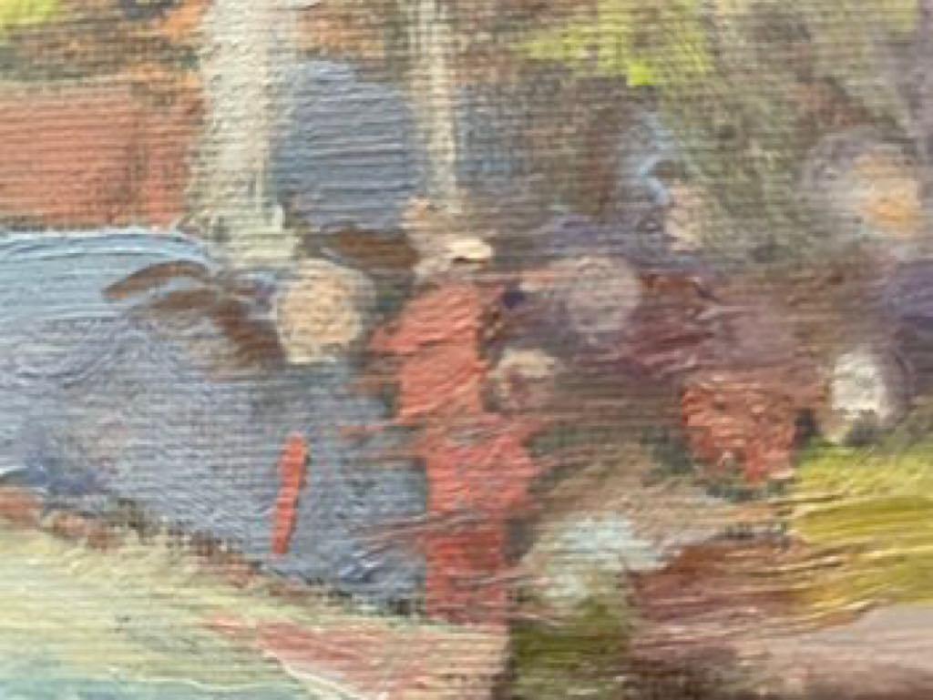 En este óleo, he captado un momento sereno de reflexión, donde la tranquilidad de la naturaleza se encuentra con la quietud interior del espíritu humano. La luz juega sobre la figura y el entorno, creando una danza entre la sombra y el sol que añade