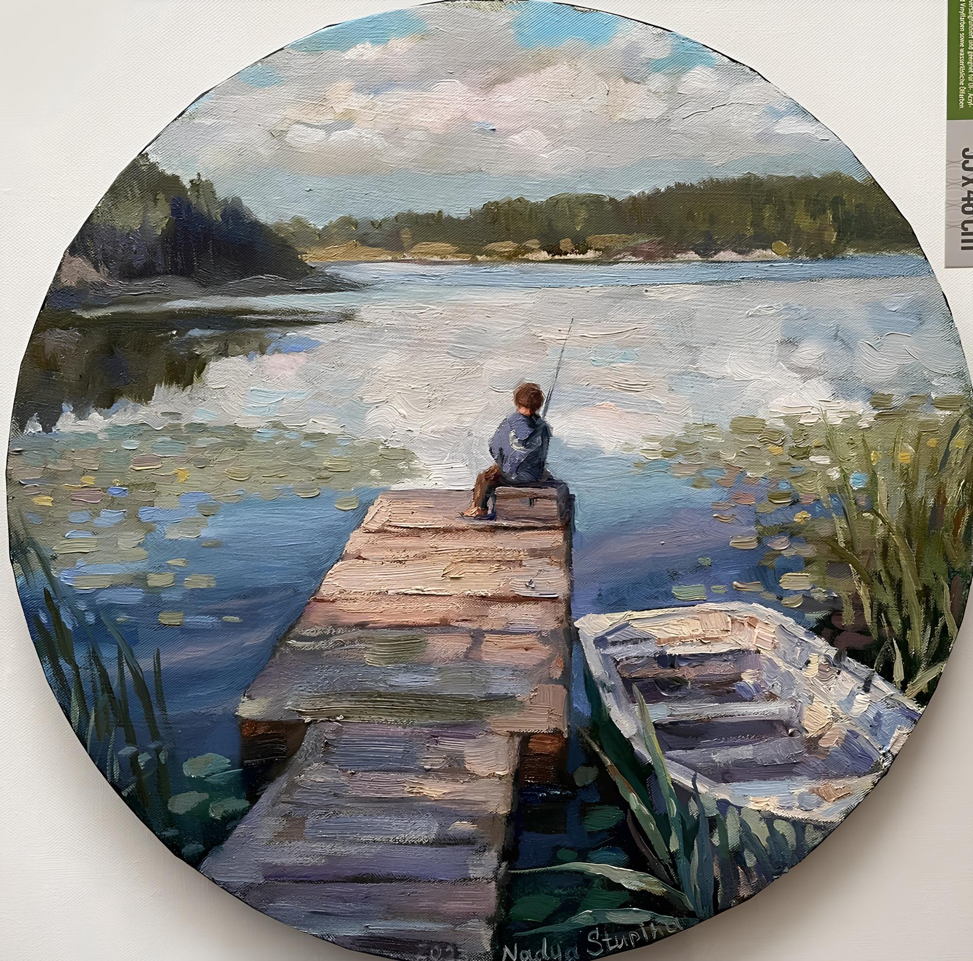 Figurative Painting di Nadezda Stupina - "Storie d'estate. Pesca serale". Pittura ad olio originale. Tela rotonda.