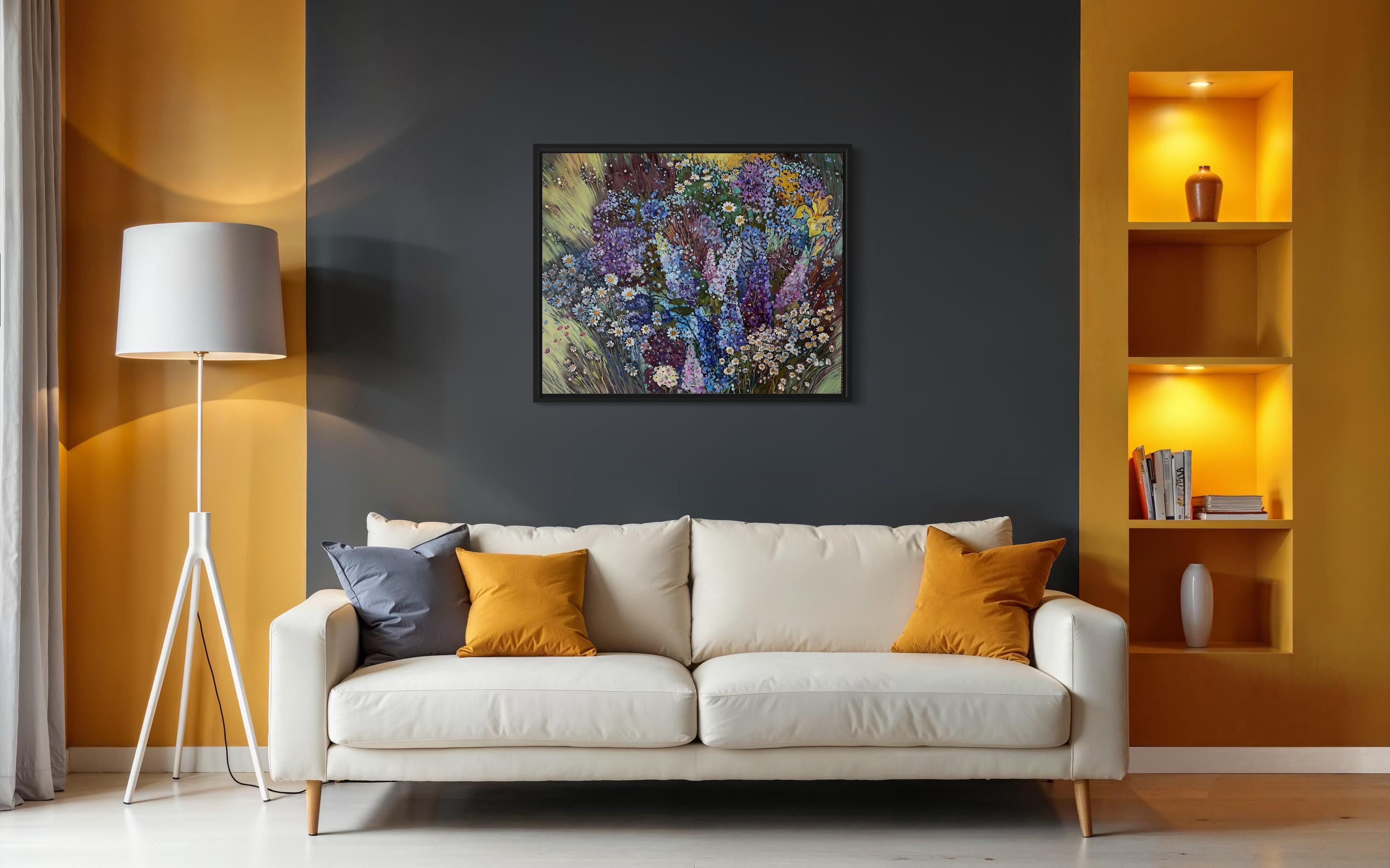 «Summer symphony» Original floral painting . Field of flowers. Large . For Sale 7