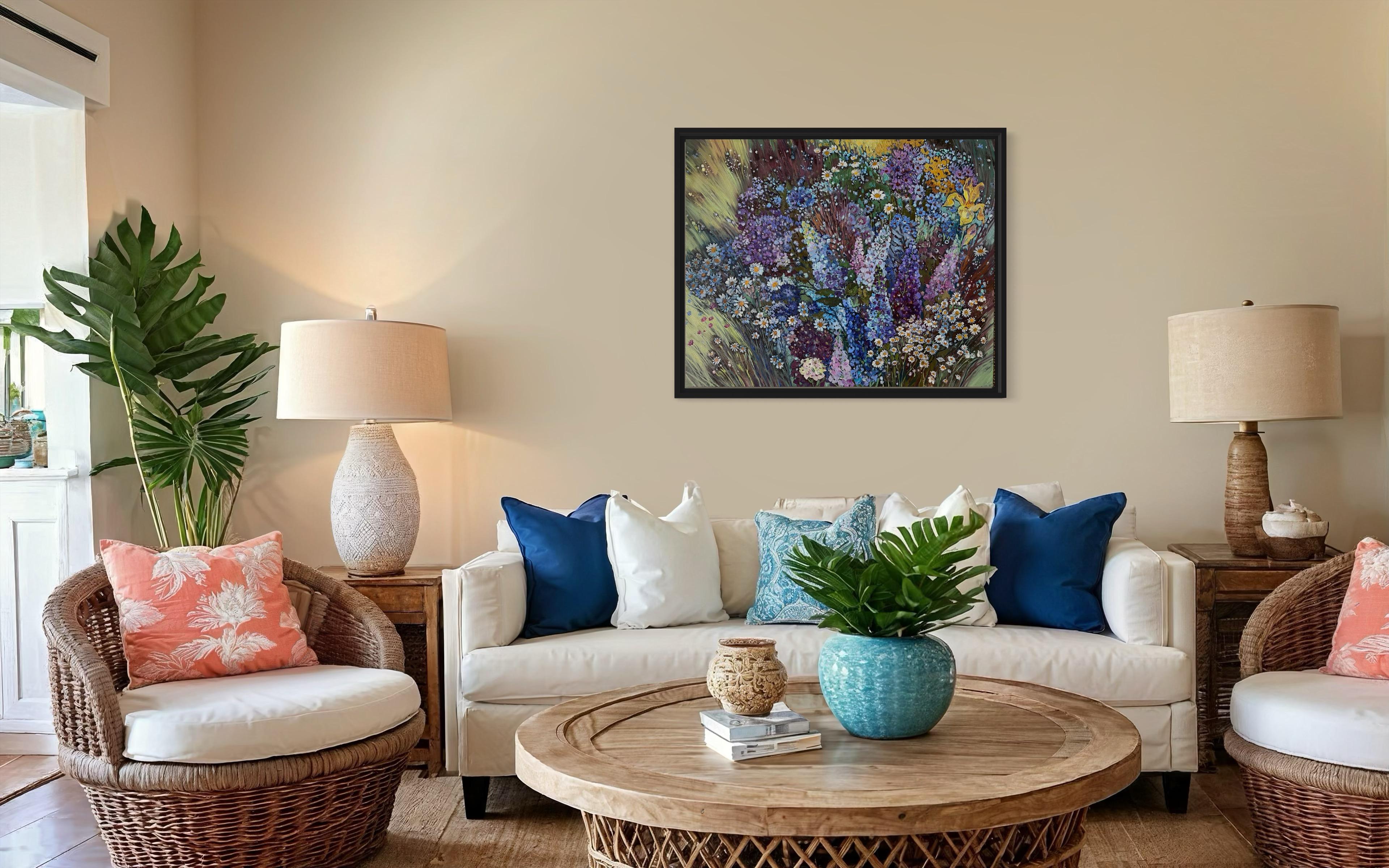 «Summer symphony» Original floral painting . Field of flowers. Large . For Sale 13