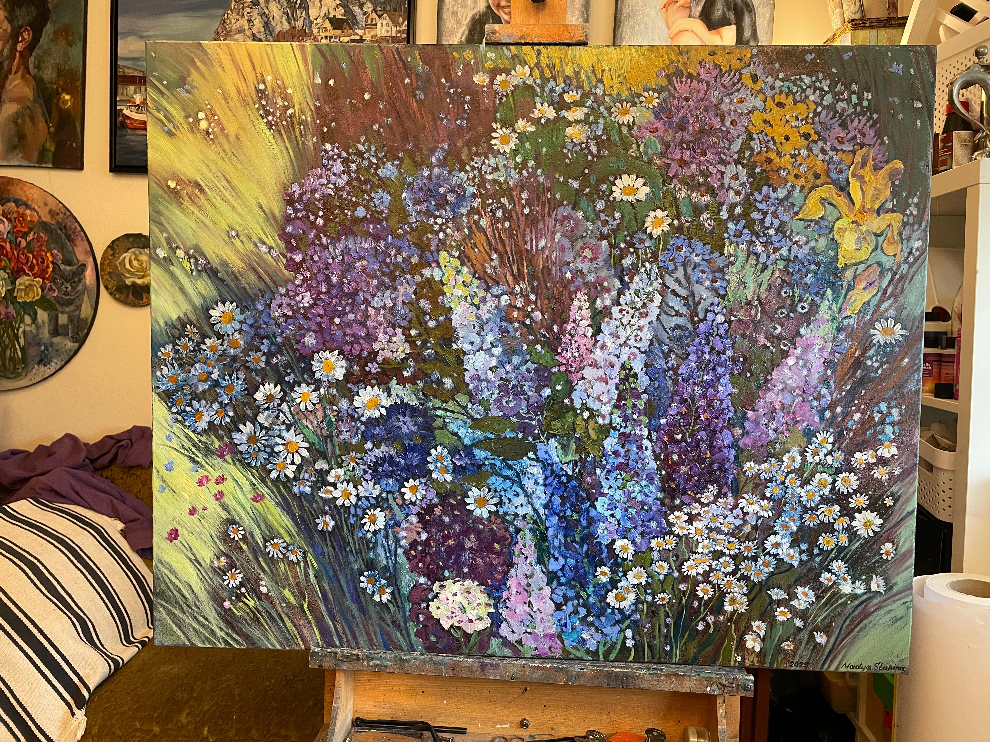 «Summer symphony» Original floral painting . Field of flowers. Large . - Impressionist Painting by Nadezda Stupina